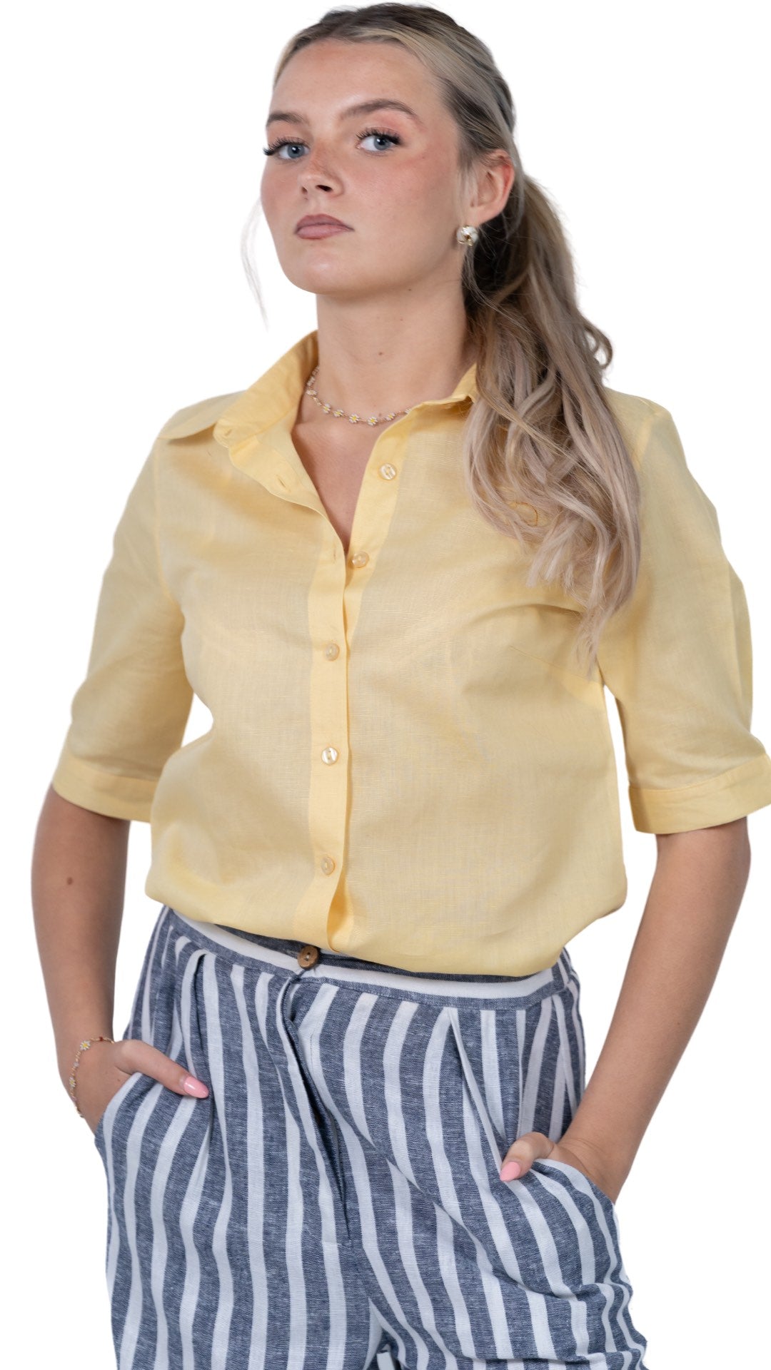 Sunlit Breeze Yellow Linen Cotton Shirt For Women