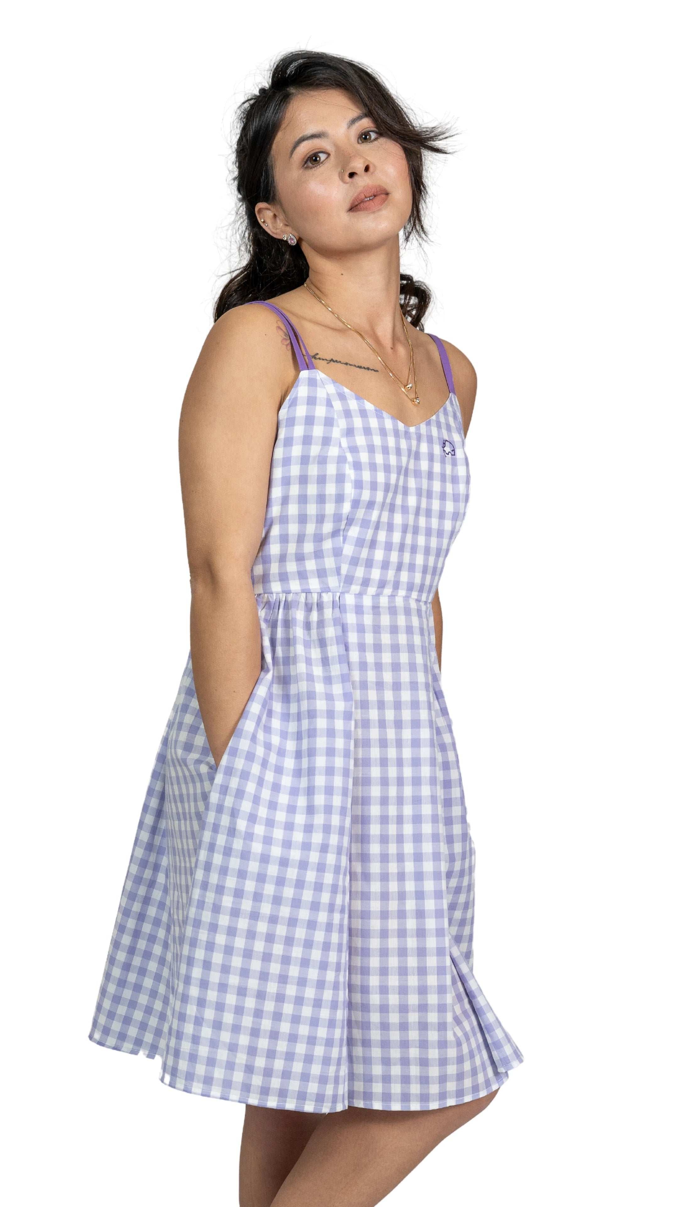 Effortless Summer Style: Sustainable Lavender Gingham Mini Dress - DressKaree