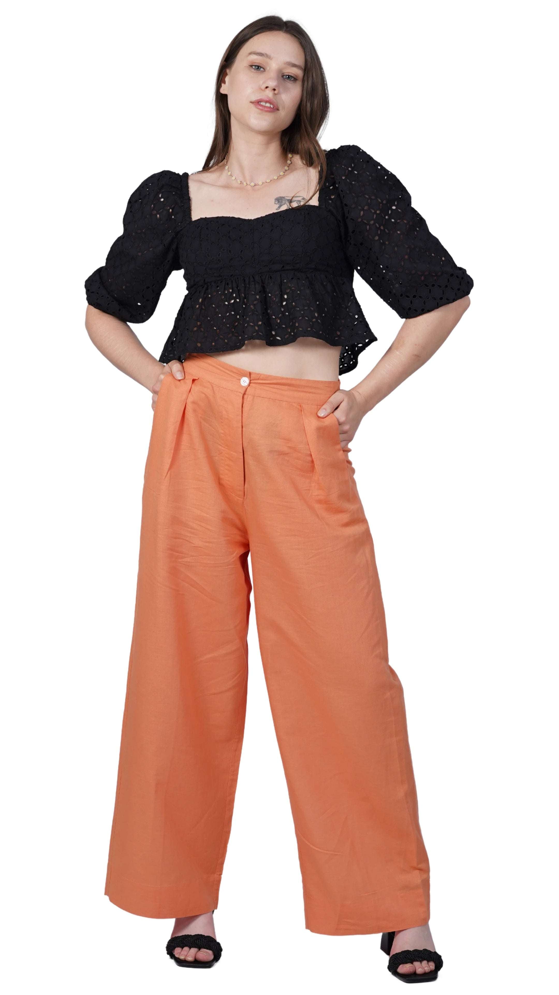 Embolden Your Look with Sustainable Luxury: Deep Saffron Wide Leg Linen Trousers - TrousersKaree