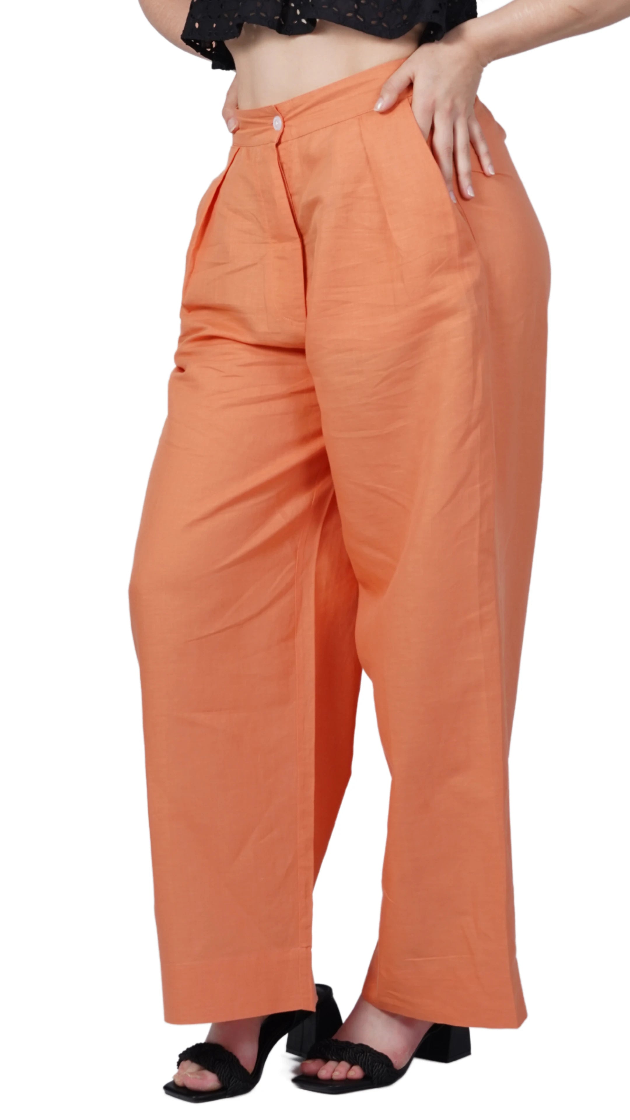 Embolden Your Look with Sustainable Luxury: Deep Saffron Wide Leg Linen Trousers - TrousersKaree