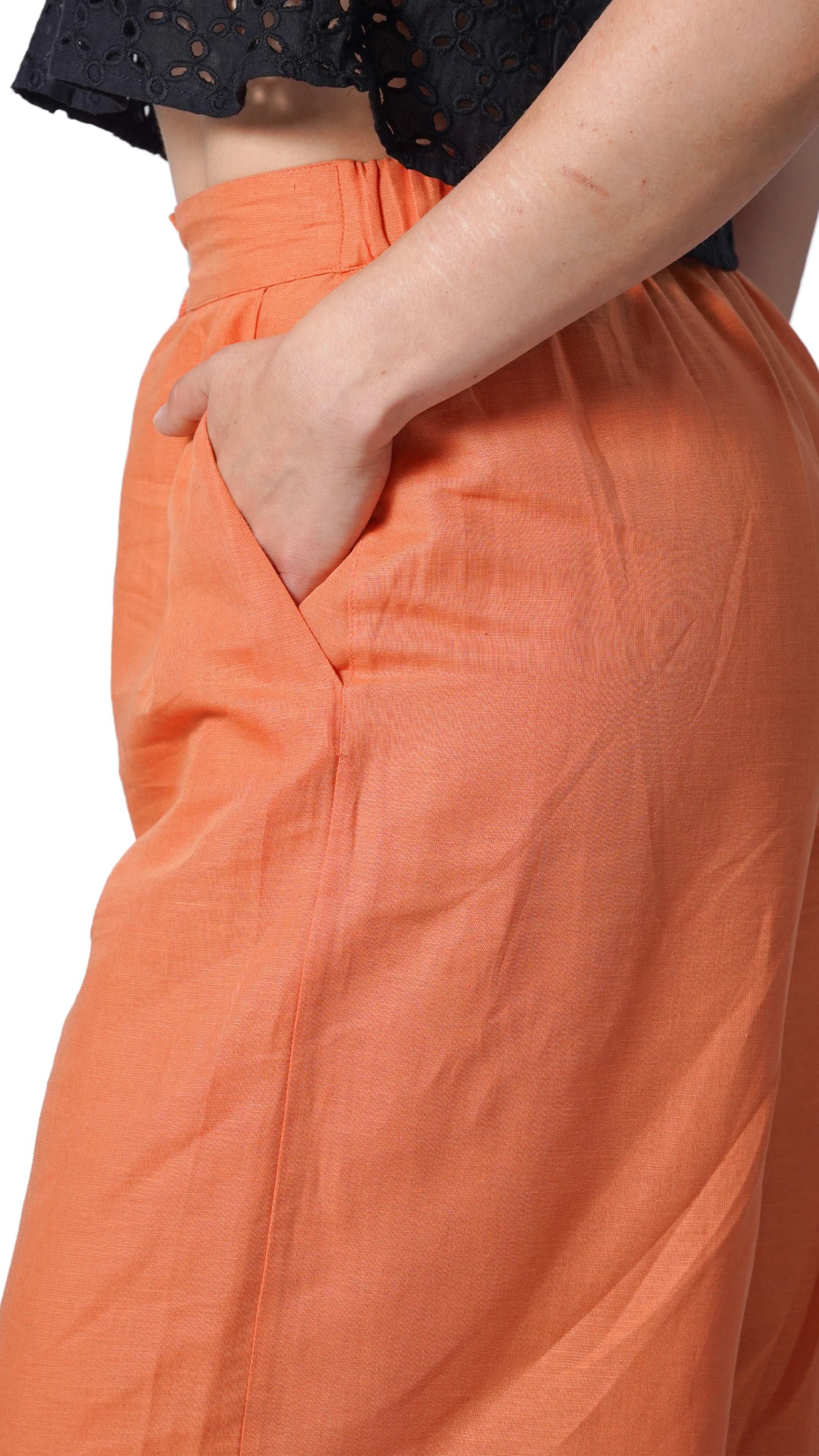 Embolden Your Look with Sustainable Luxury: Deep Saffron Wide Leg Linen Trousers - TrousersKaree