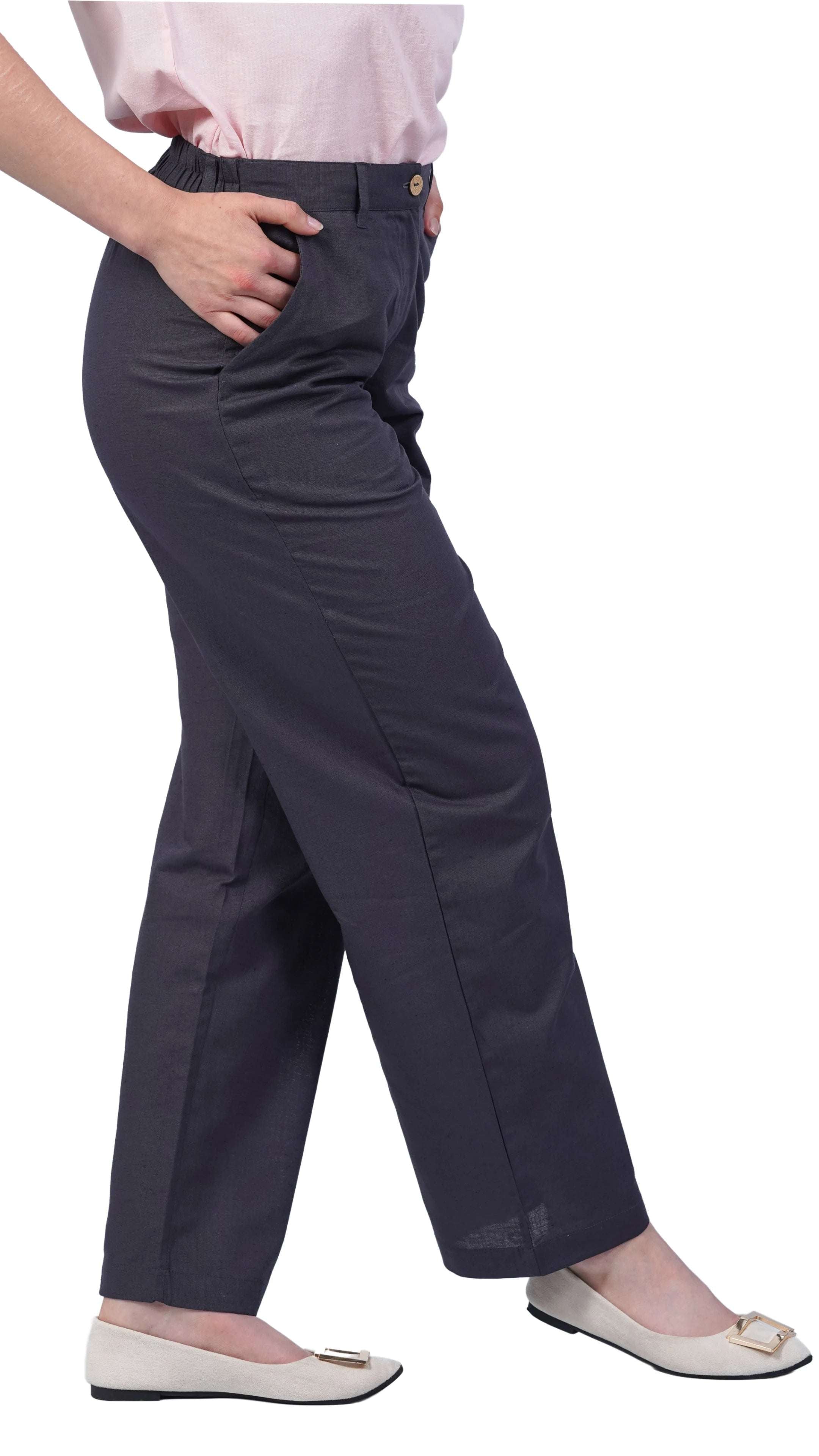 Embrace Tranquil Sophistication with Sustainability: Grey Serenity Cotton Linen Trousers - TrousersKaree