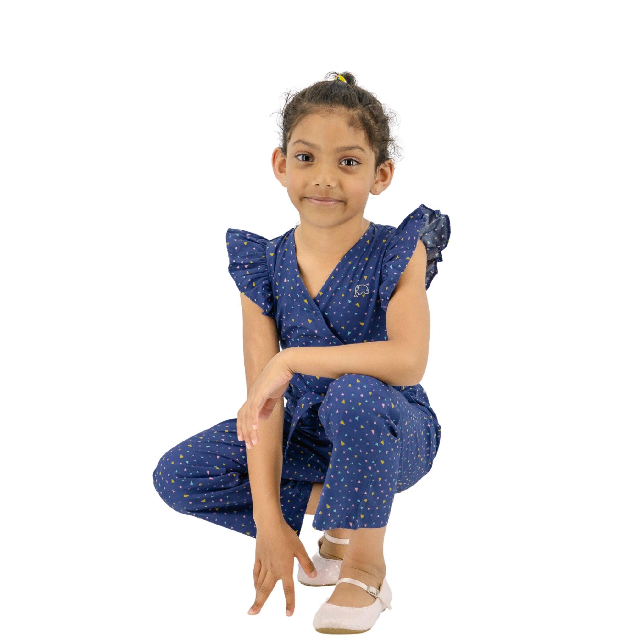 Estate Blue Cotton Jumpsuit for girls - JumpsuitsKaree