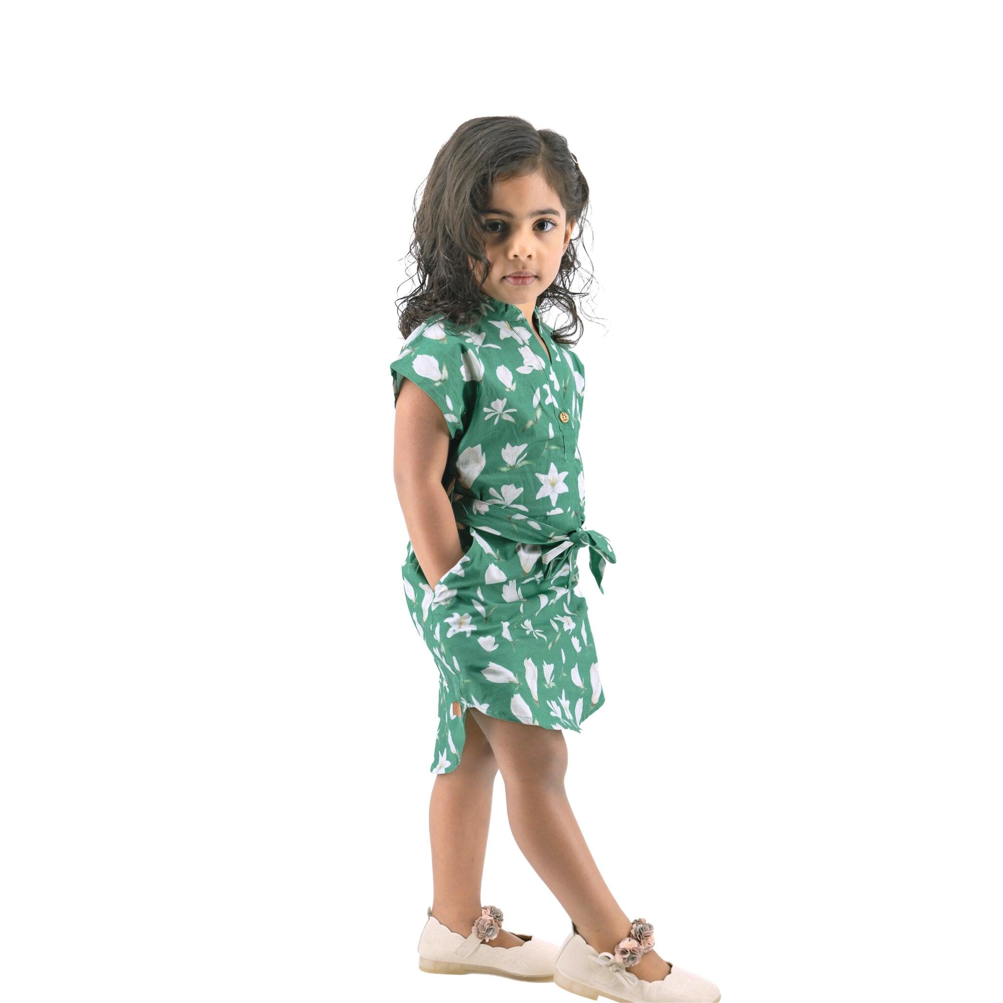 Ethically Made Charm: Bottle Green Lilly Blossom Cotton Shirt Dress - DressKaree
