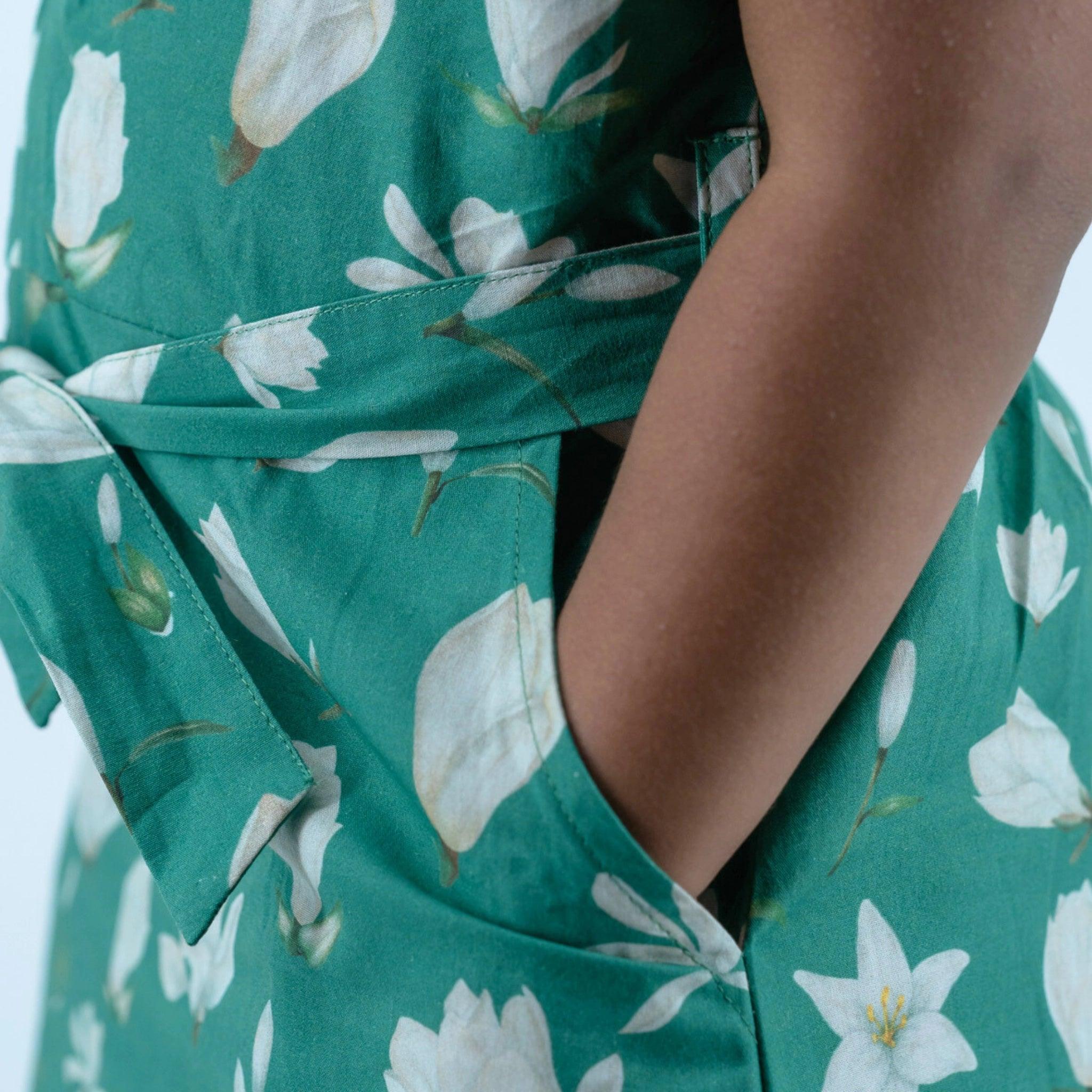 Ethically Made Charm: Bottle Green Lilly Blossom Cotton Shirt Dress - DressKaree