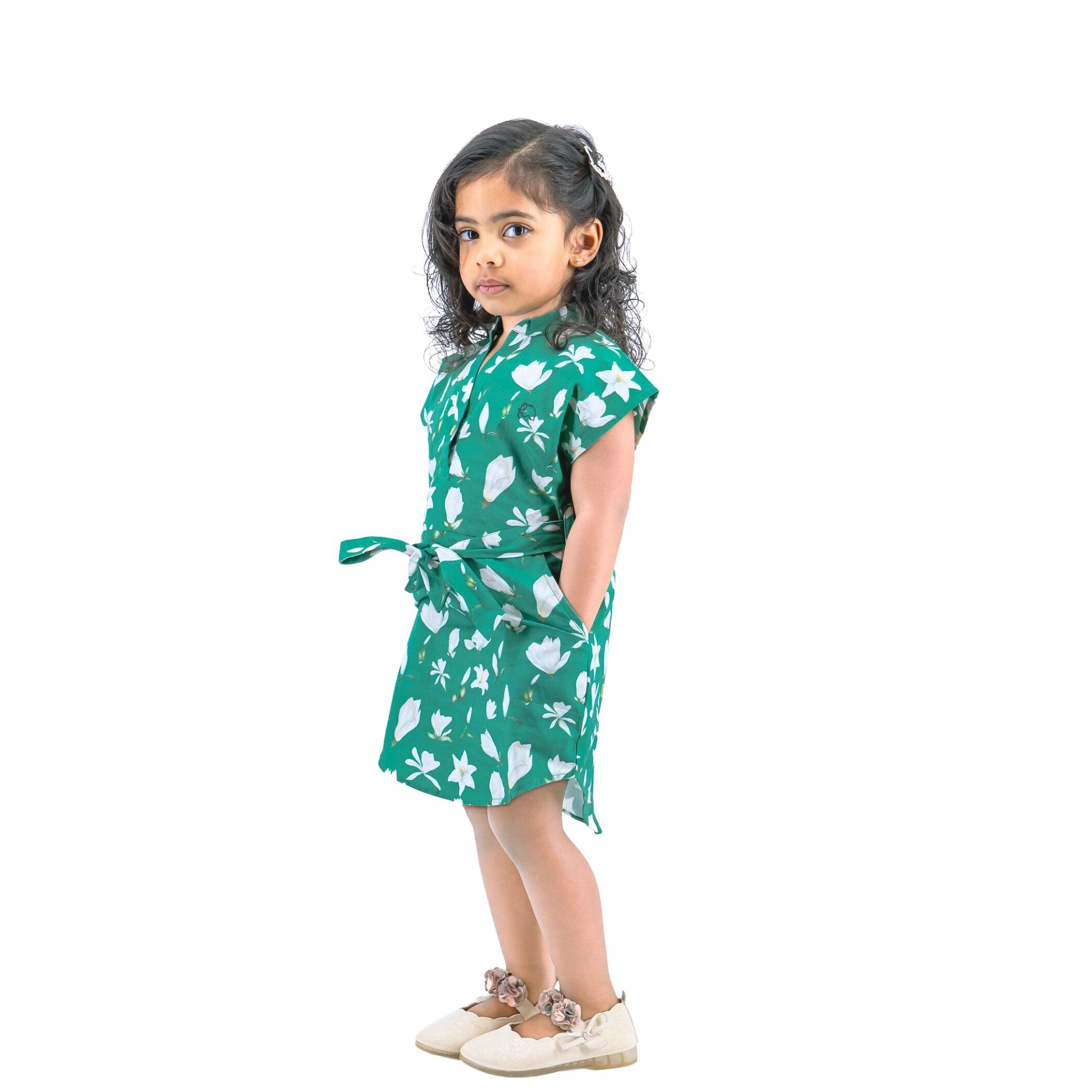 Ethically Made Charm: Bottle Green Lilly Blossom Cotton Shirt Dress - DressKaree