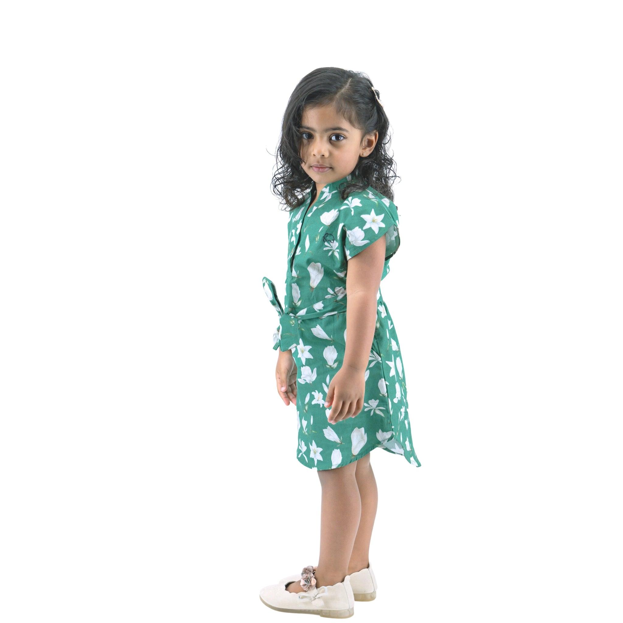 Ethically Made Charm: Bottle Green Lilly Blossom Cotton Shirt Dress - DressKaree