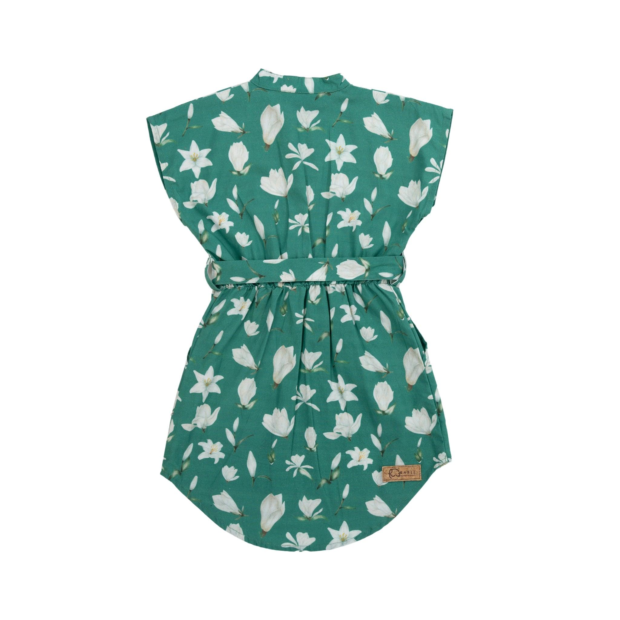 Ethically Made Charm: Bottle Green Lilly Blossom Cotton Shirt Dress - DressKaree
