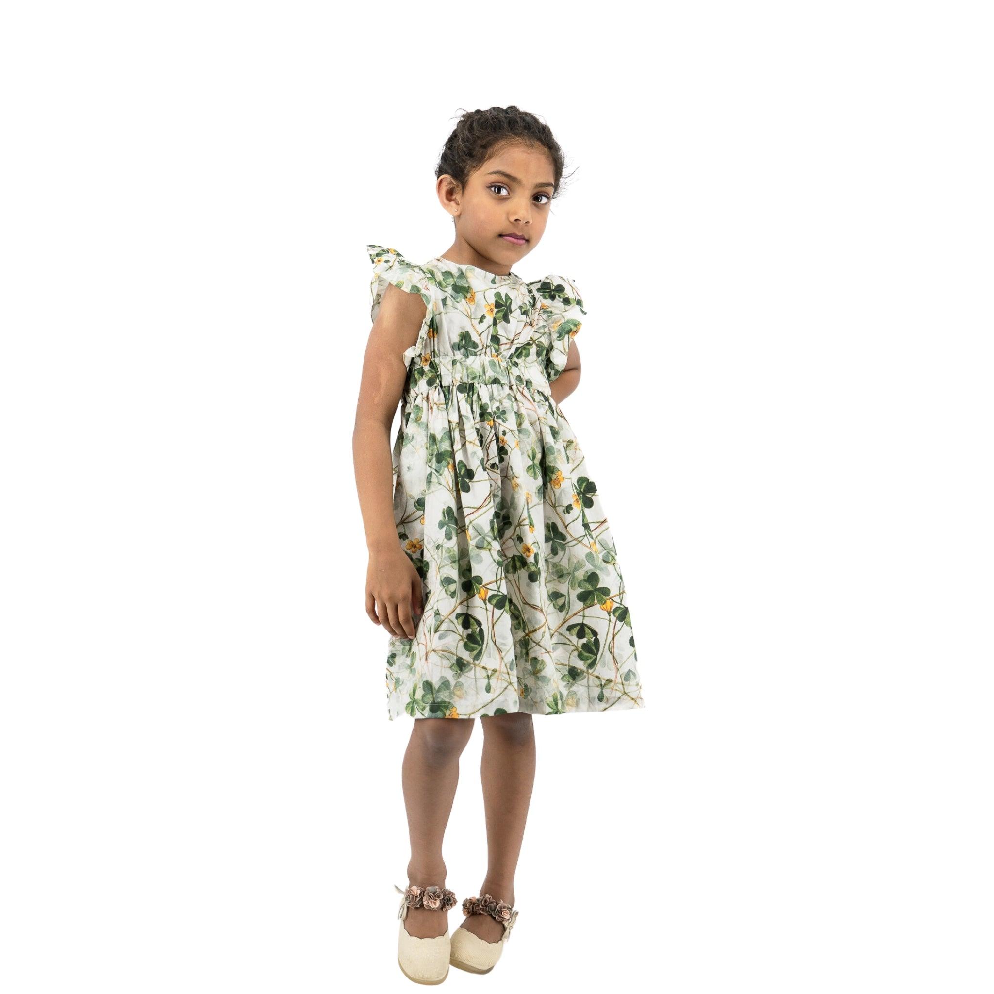 Green Floral Cotton Dress for Girls - DressKaree
