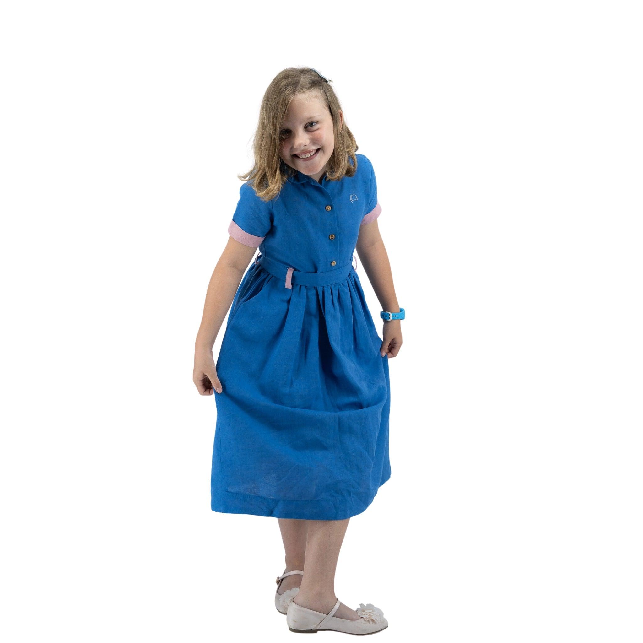 Parisian Blue Linen Dress for Girls - DressKaree
