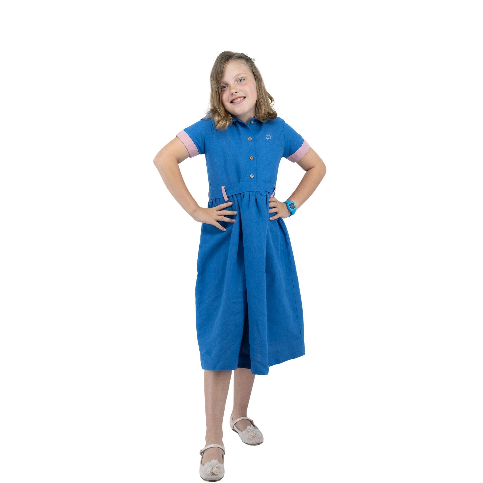 Parisian Blue Linen Dress for Girls - DressKaree