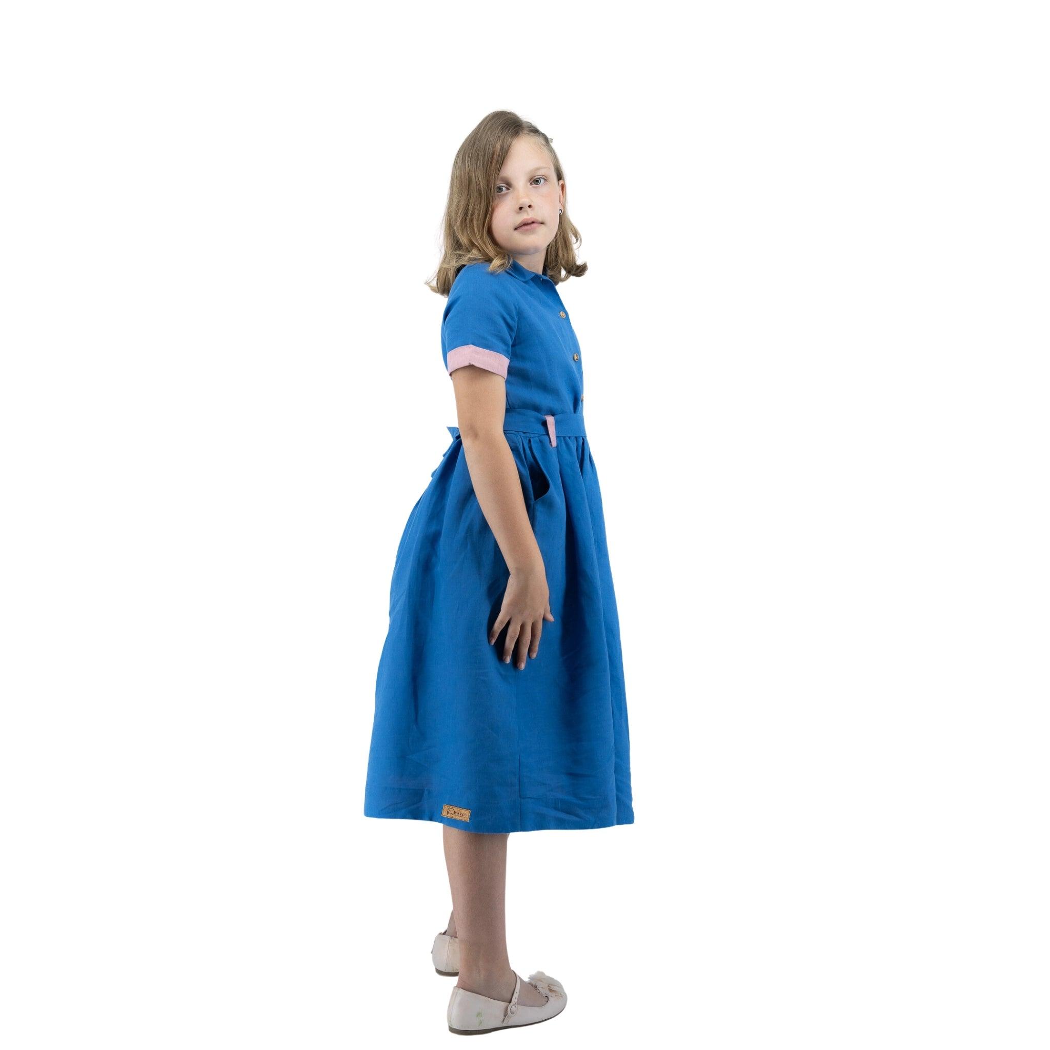 Parisian Blue Linen Dress for Girls - DressKaree