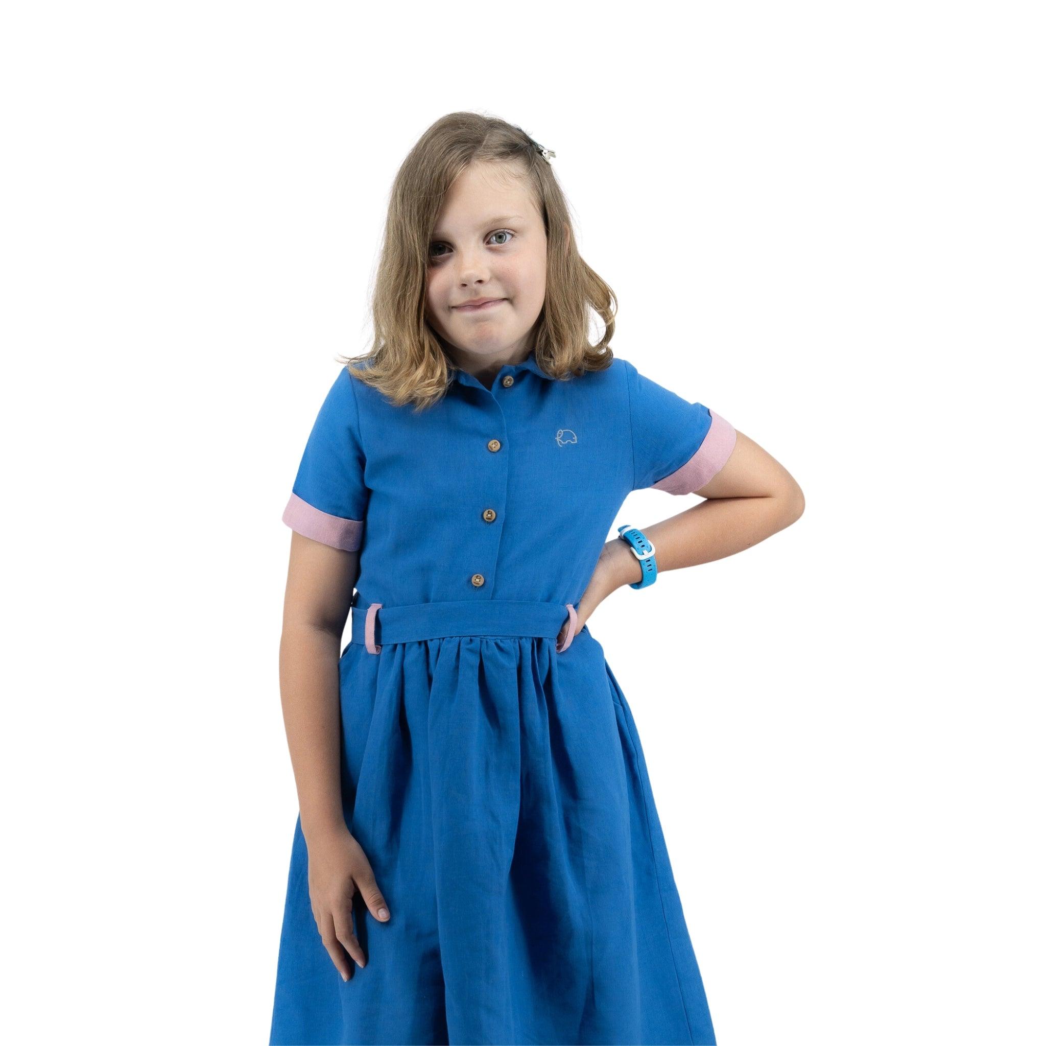 Parisian Blue Linen Dress for Girls - DressKaree