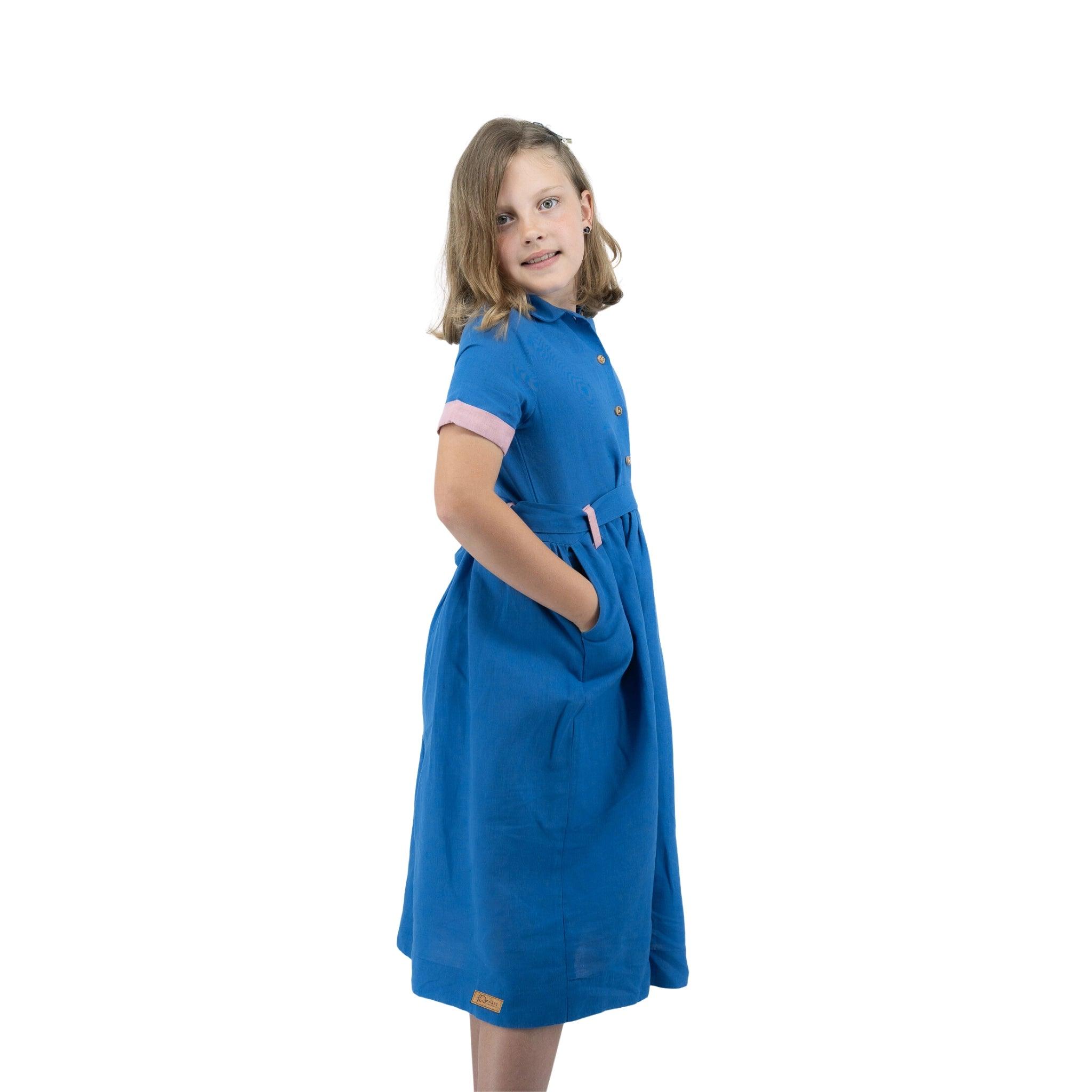 Parisian Blue Linen Dress for Girls - DressKaree