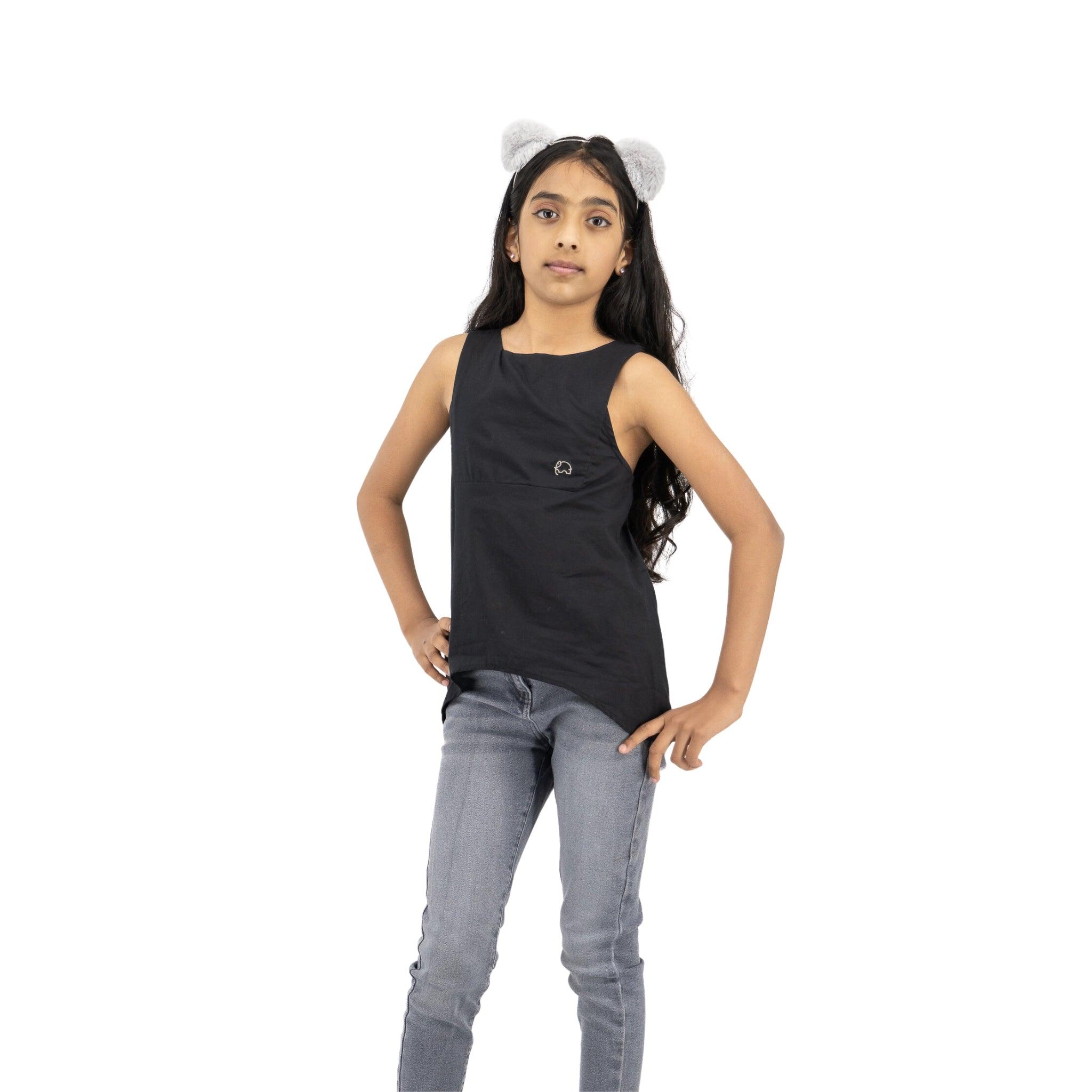 Playful and Sustainable: Black Cotton Bib Neck Top for Girls - TopsKaree