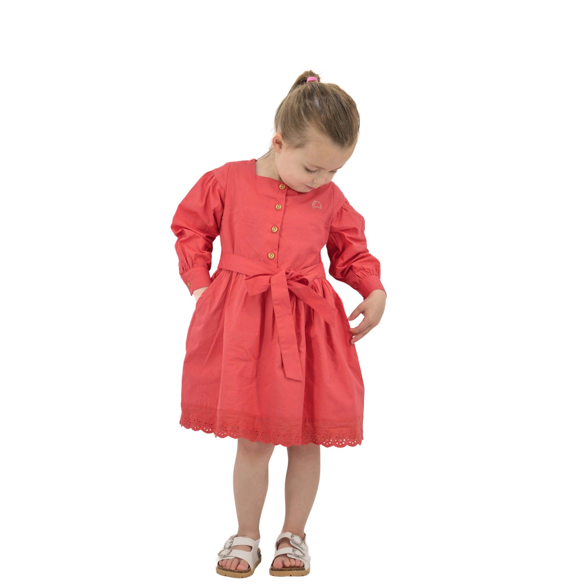 Red Long Puff Sleeve Cotton Dress - DressKaree