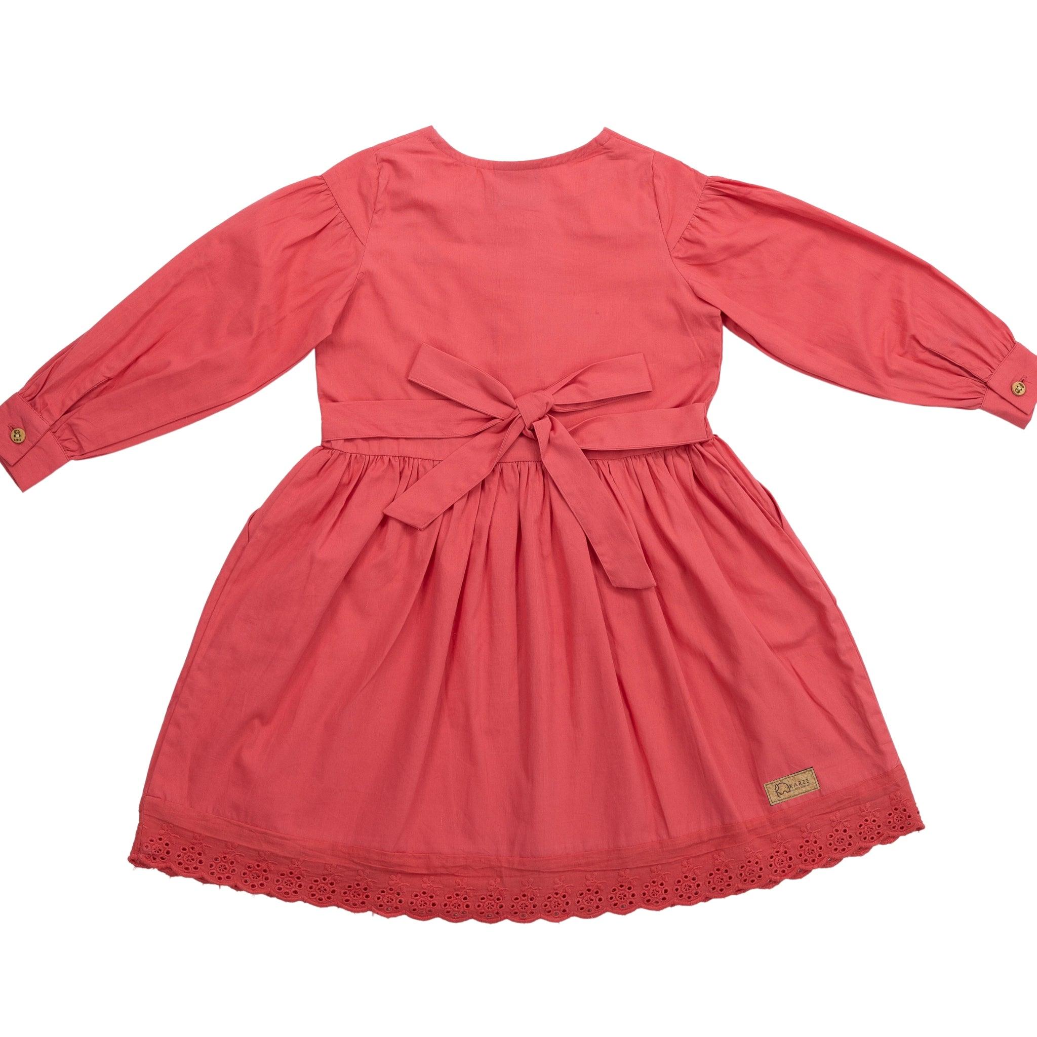 Red Long Puff Sleeve Cotton Dress - DressKaree