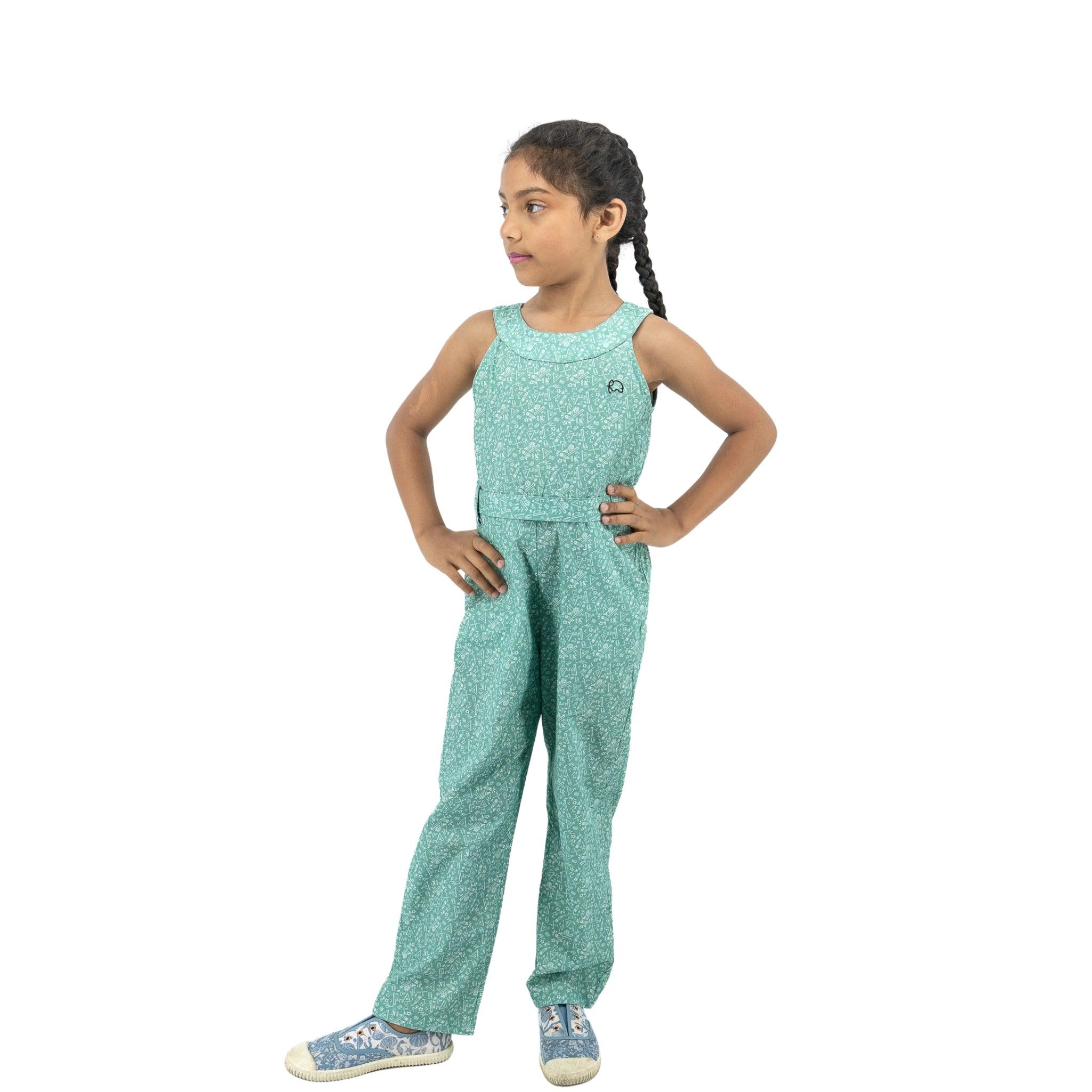Smoke Green Cotton Jumpsuit For Girls - JumpsuitsKaree