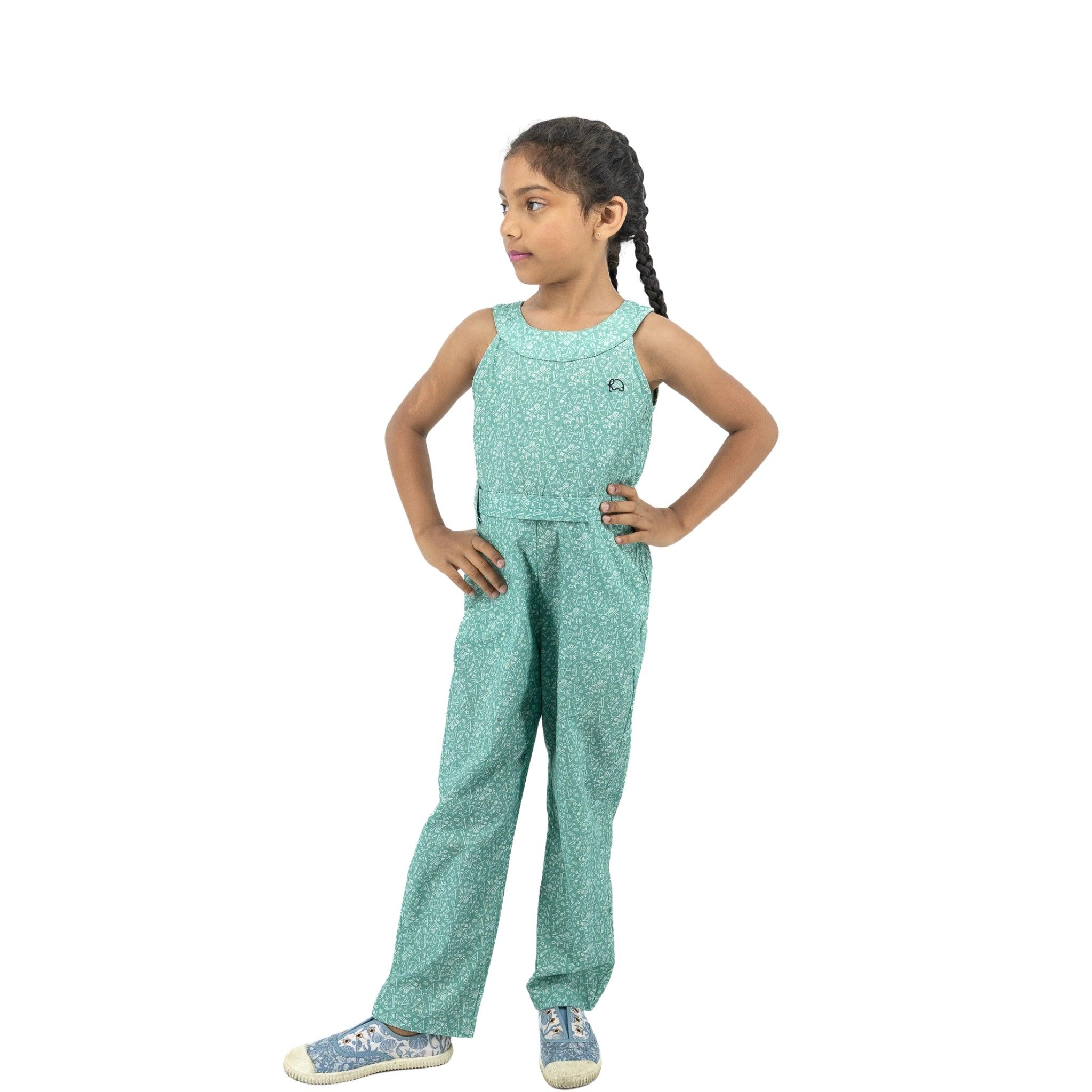 Smoke Green Cotton Jumpsuit For Girls - JumpsuitsKaree