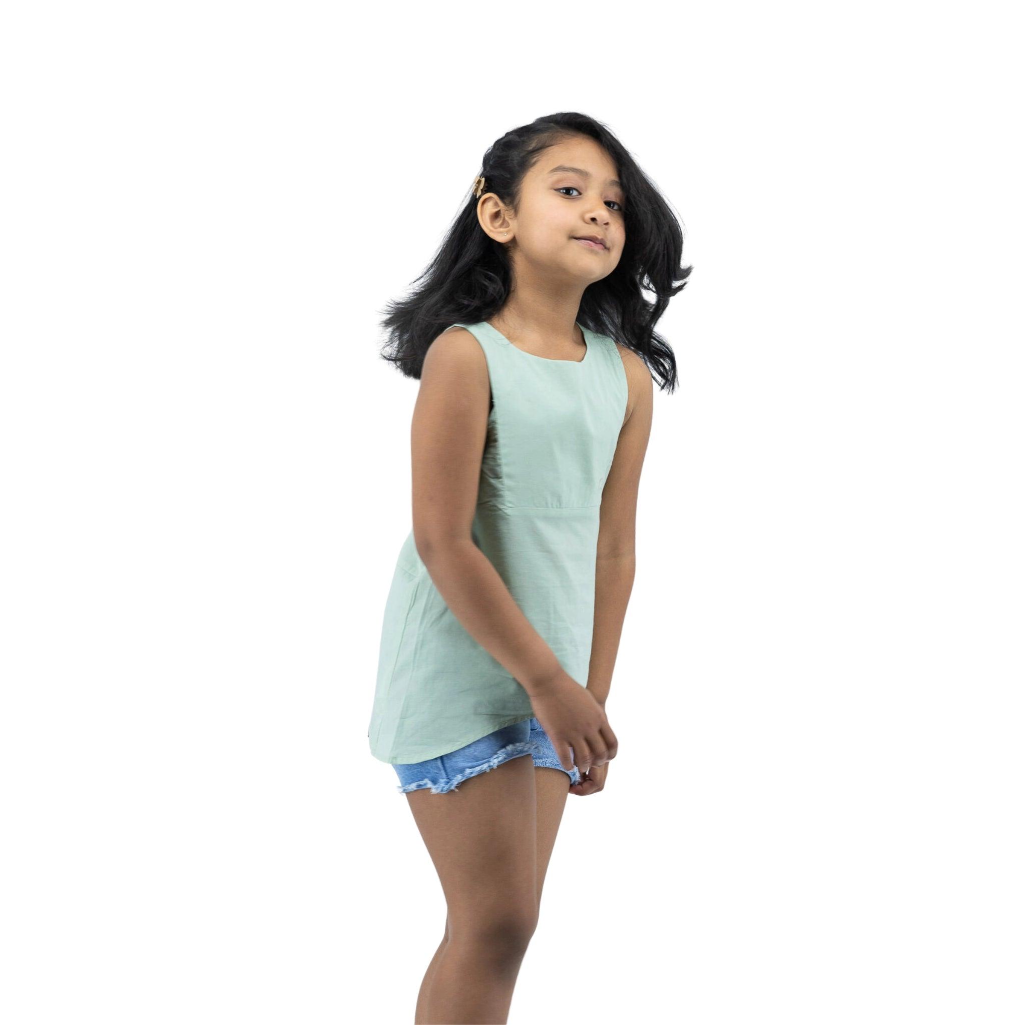 Smoke Green Cotton Kids Top - TopsKaree