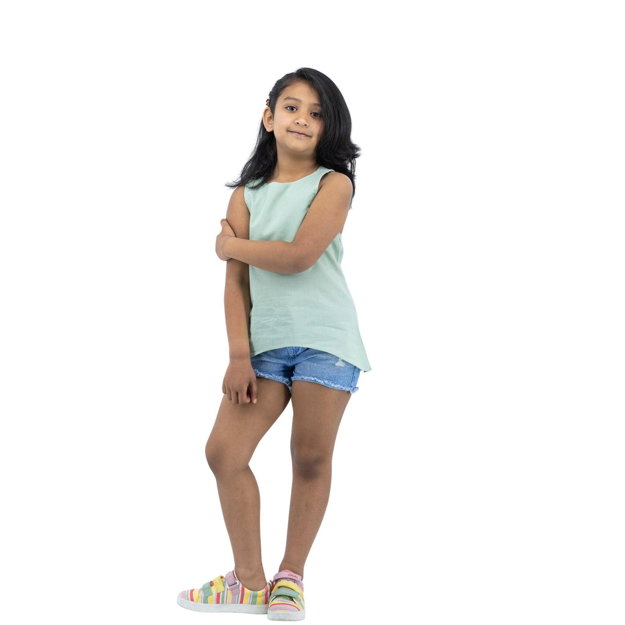 Smoke Green Cotton Kids Top - TopsKaree