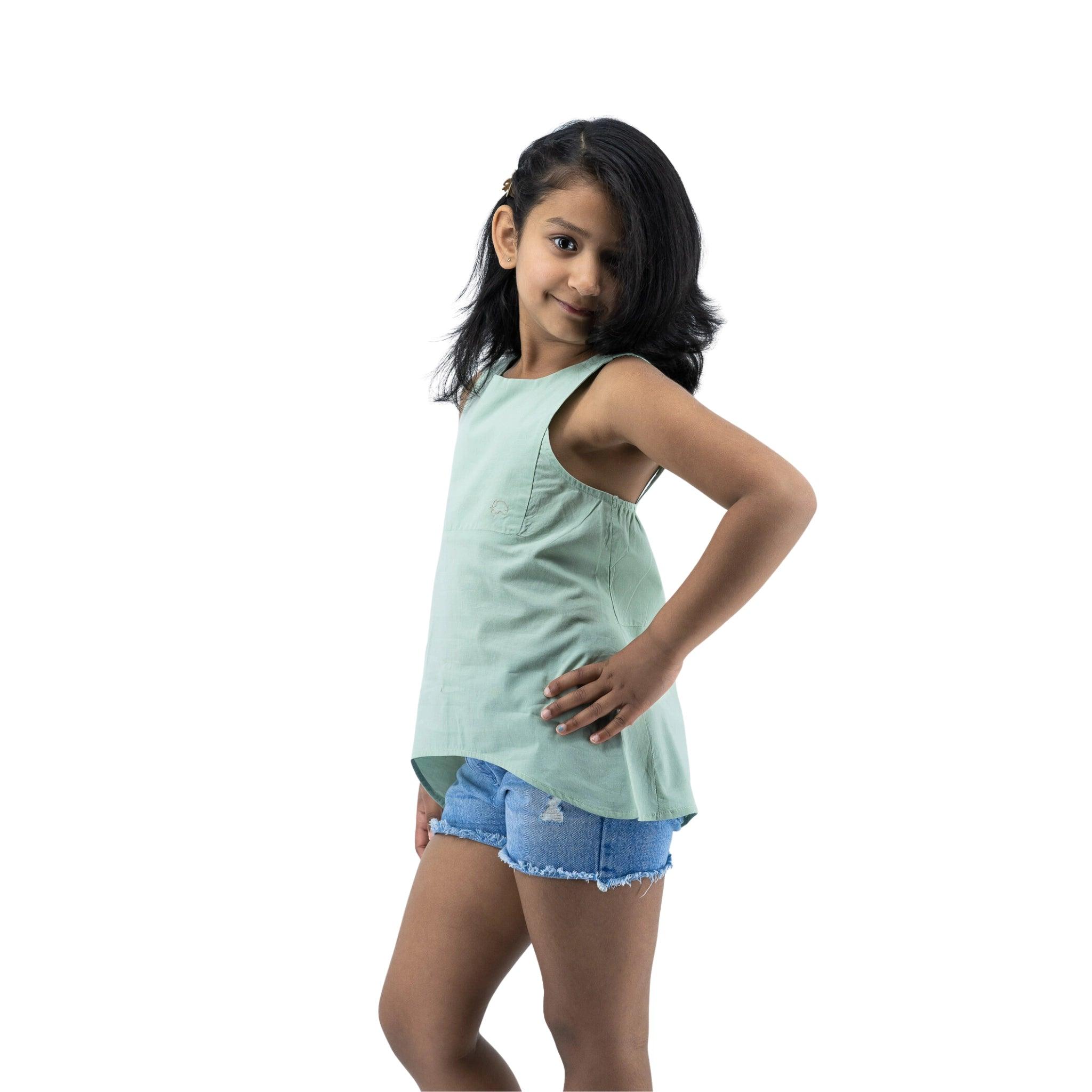 Smoke Green Cotton Kids Top - TopsKaree