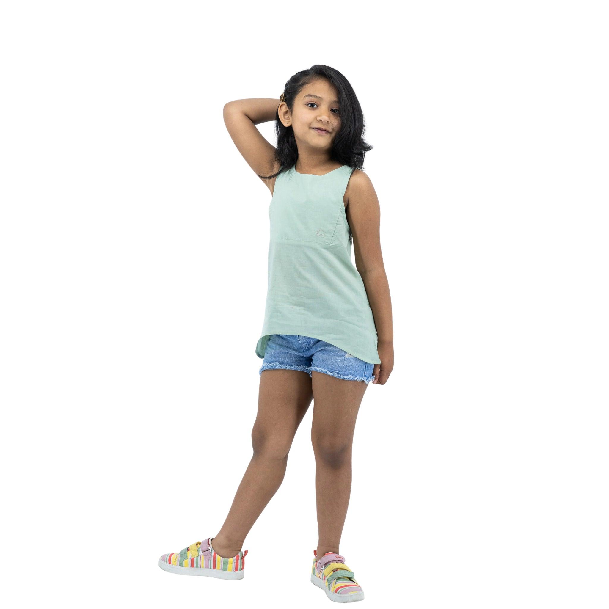 Smoke Green Cotton Kids Top - TopsKaree