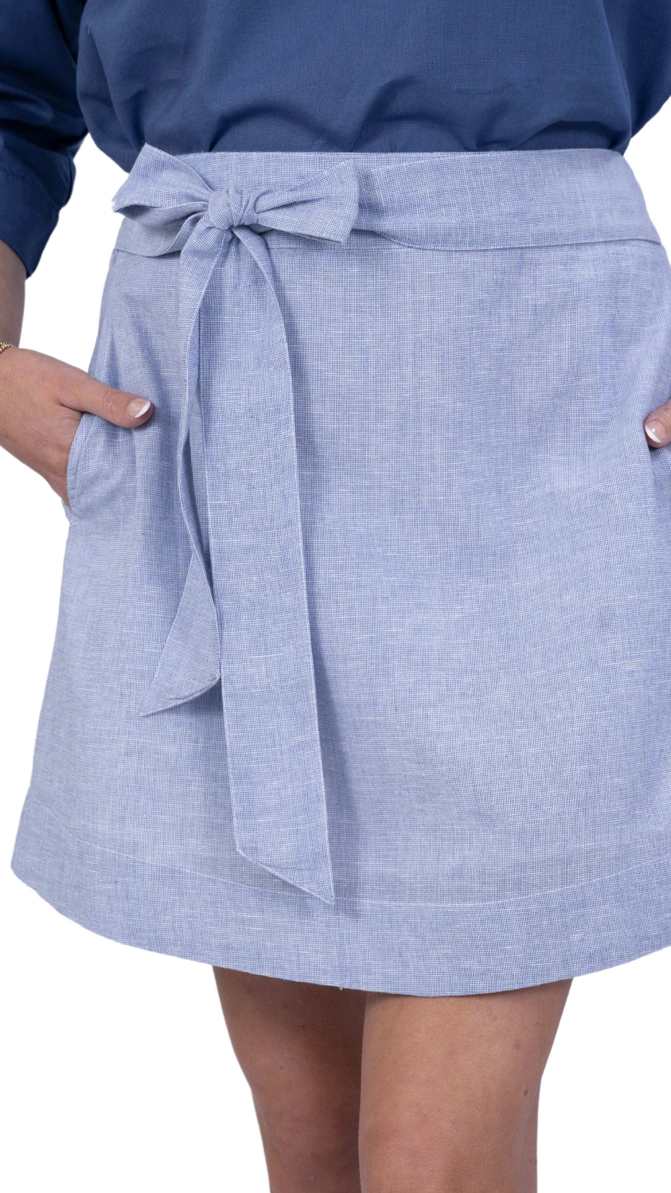 Sustainable Elegance: Light Blue Self Print Elegance Linen Cotton Skirt - SkirtsKaree