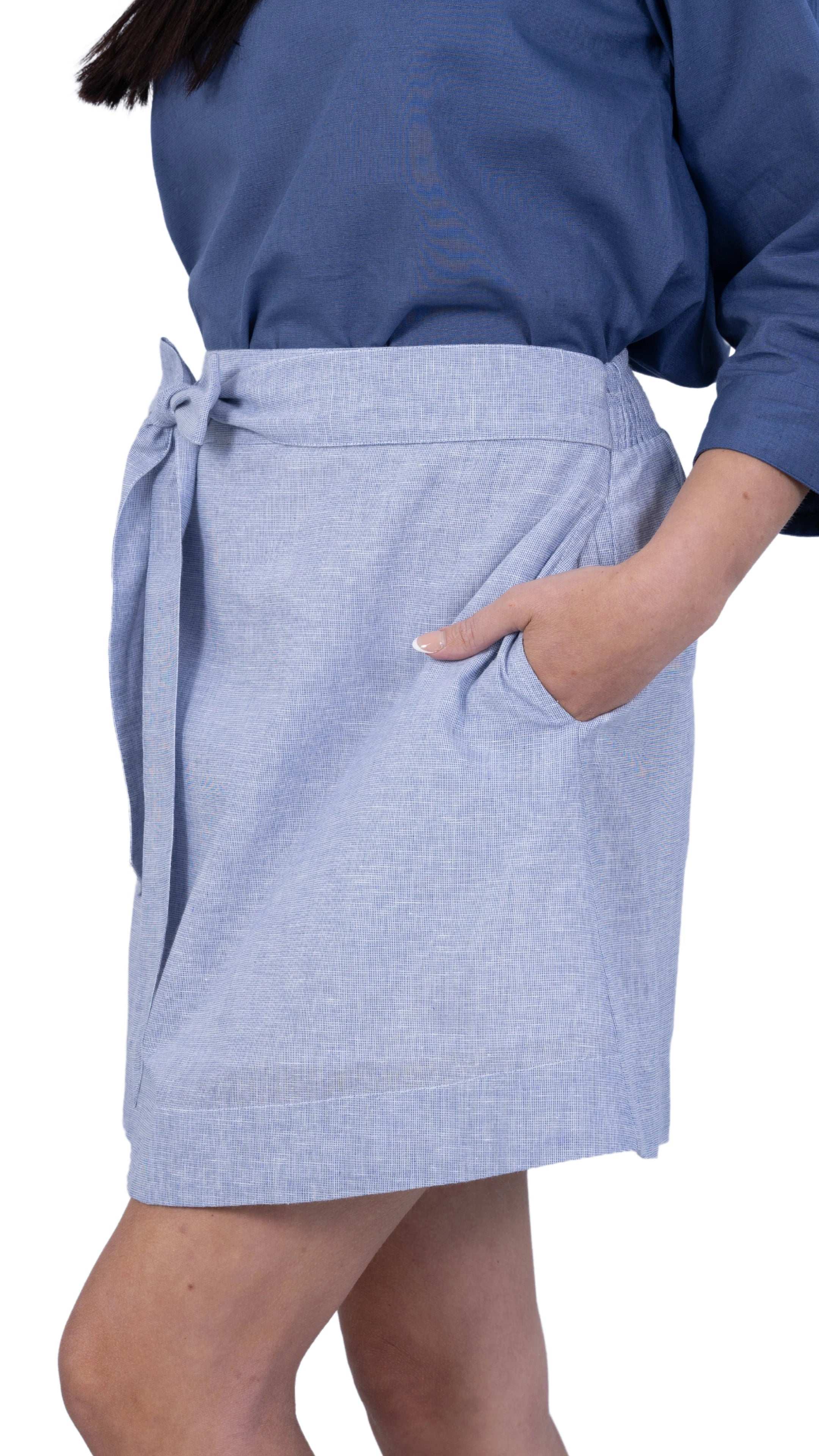 Sustainable Elegance: Light Blue Self Print Elegance Linen Cotton Skirt - SkirtsKaree
