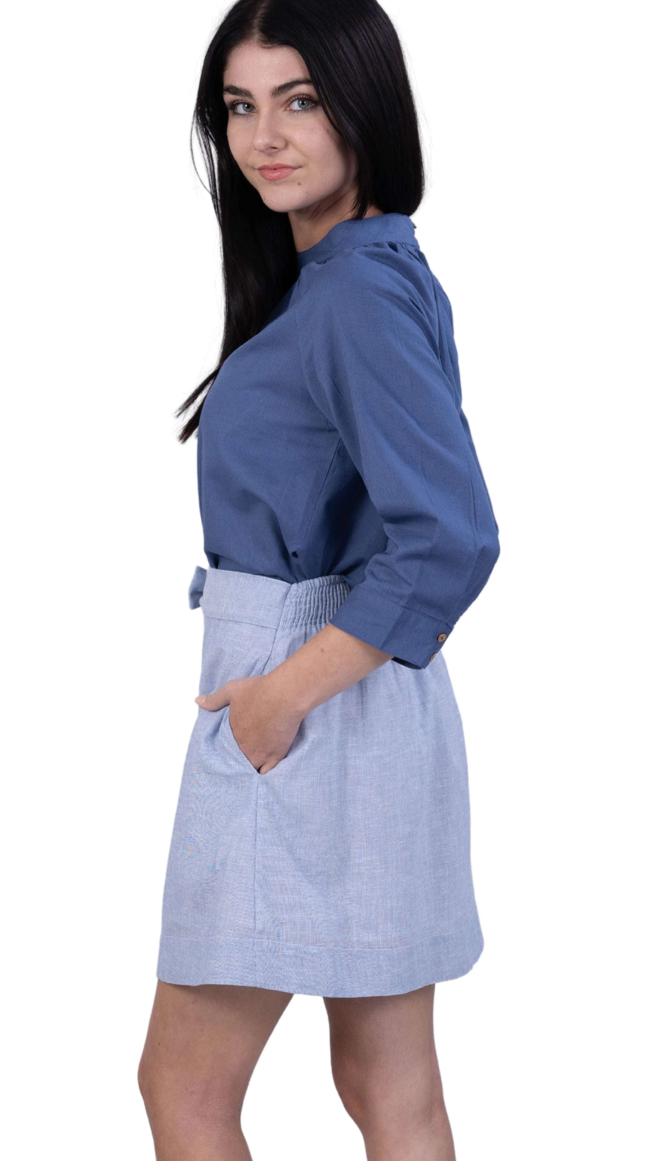 Sustainable Elegance: Light Blue Self Print Elegance Linen Cotton Skirt - SkirtsKaree