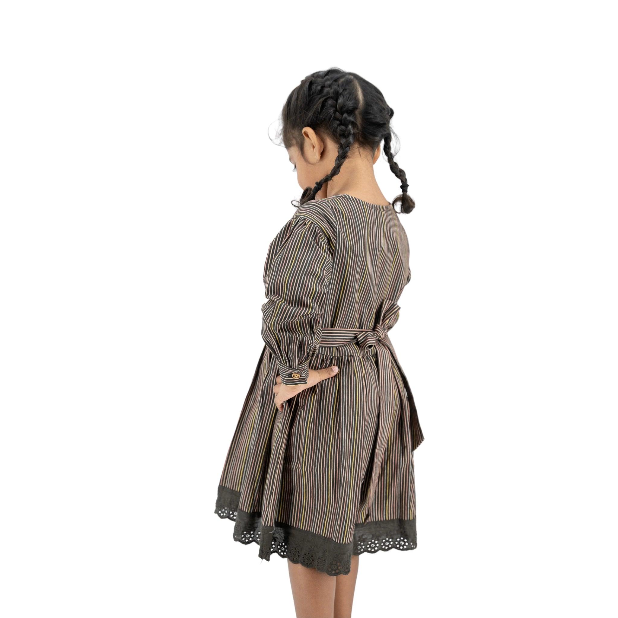 Sustainable Stripes: Eco - Friendly Black Striped Cotton Dress for Girls - DressKaree