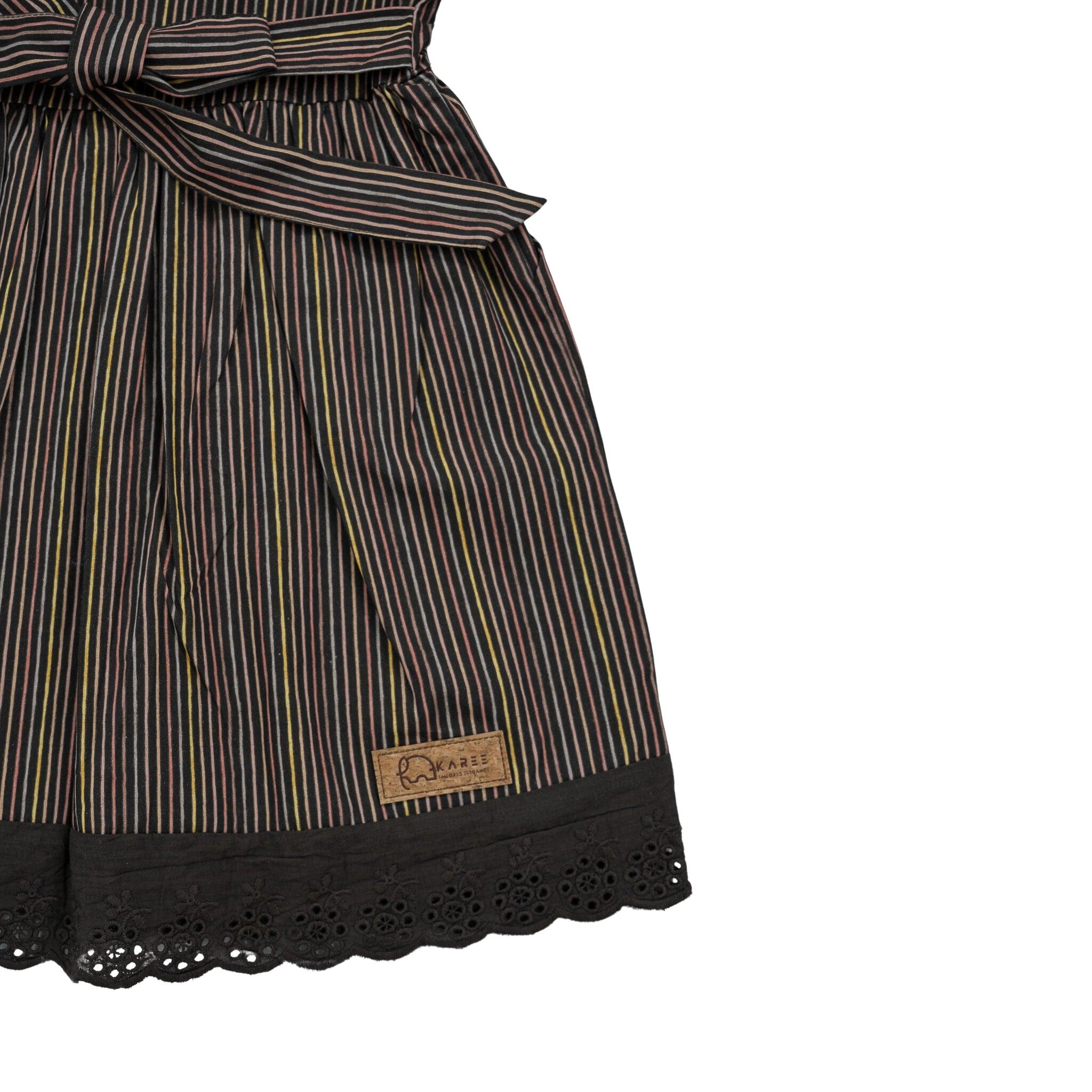 Sustainable Stripes: Eco - Friendly Black Striped Cotton Dress for Girls - DressKaree