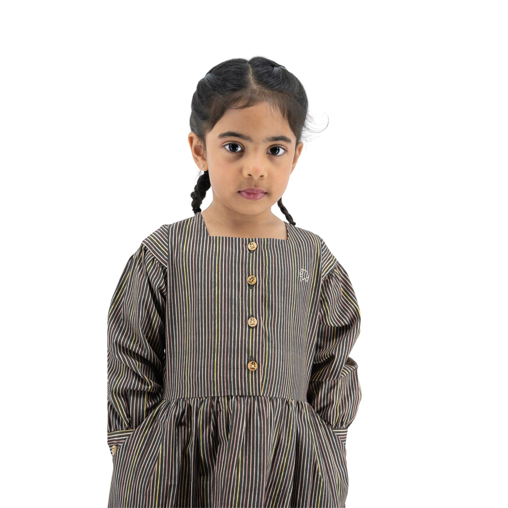 Sustainable Stripes: Eco - Friendly Black Striped Cotton Dress for Girls - DressKaree