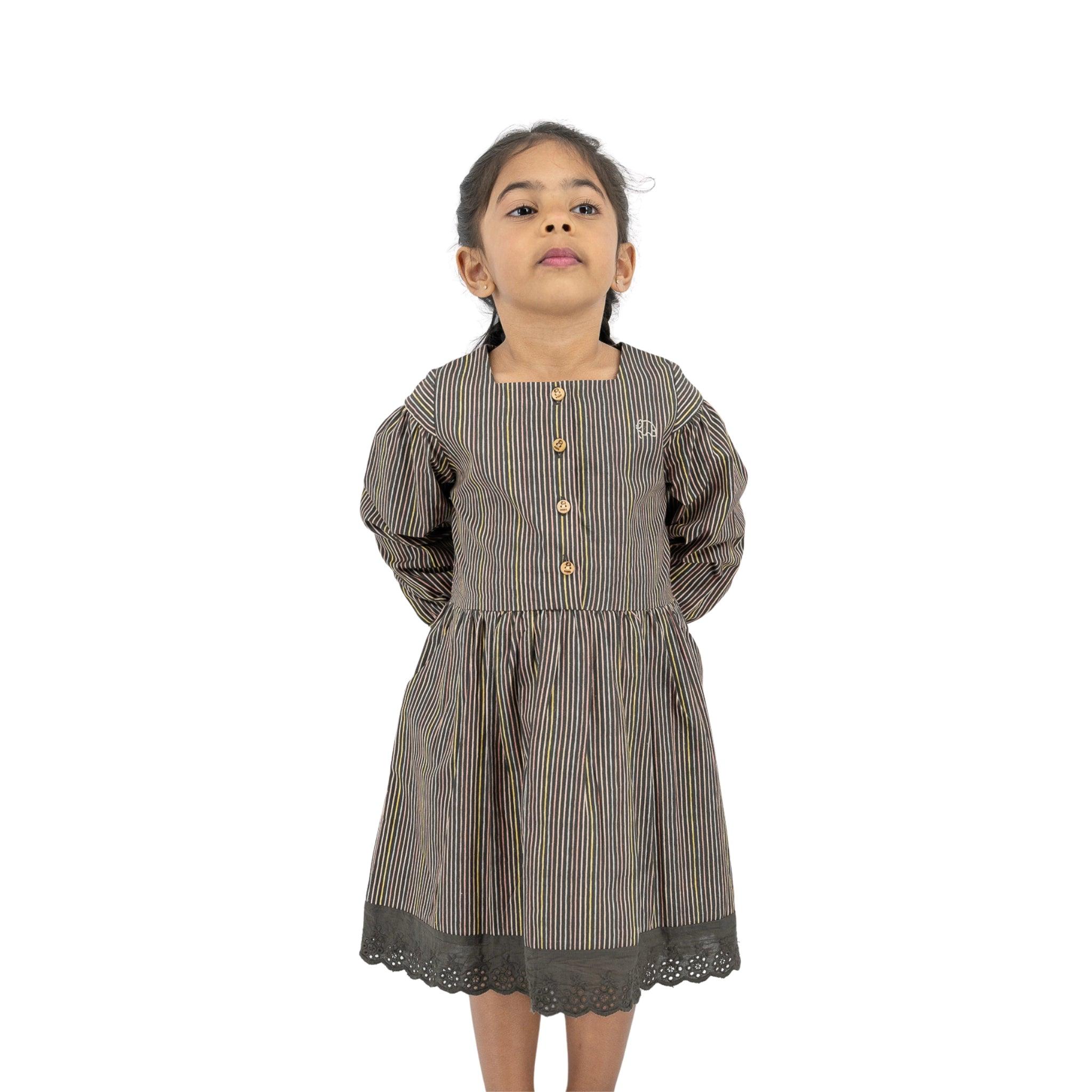Sustainable Stripes: Eco - Friendly Black Striped Cotton Dress for Girls - DressKaree