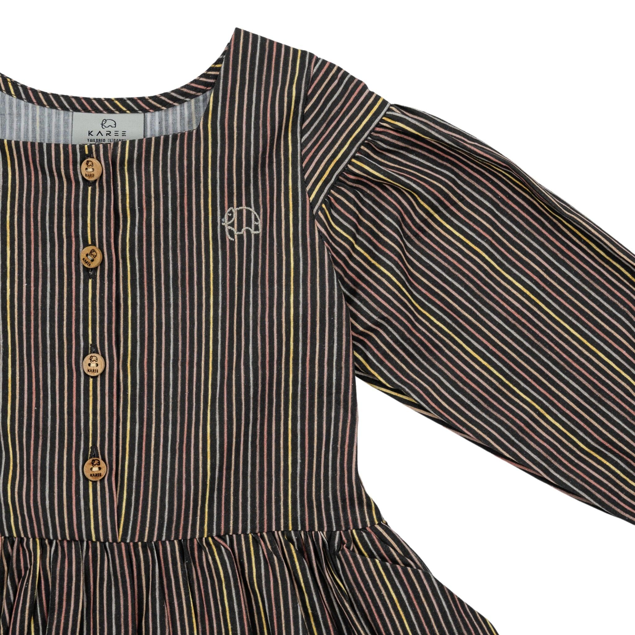 Sustainable Stripes: Eco - Friendly Black Striped Cotton Dress for Girls - DressKaree