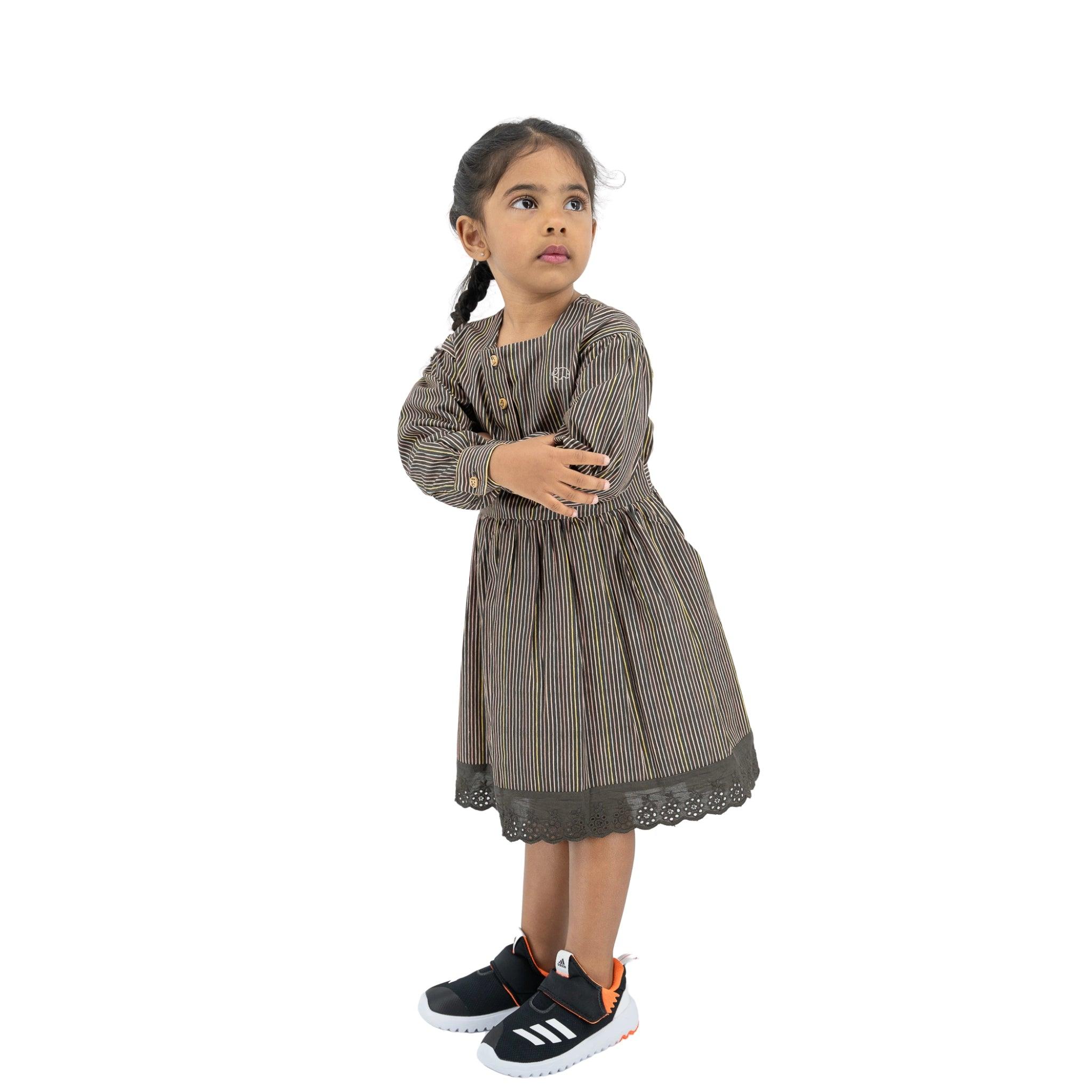 Sustainable Stripes: Eco - Friendly Black Striped Cotton Dress for Girls - DressKaree