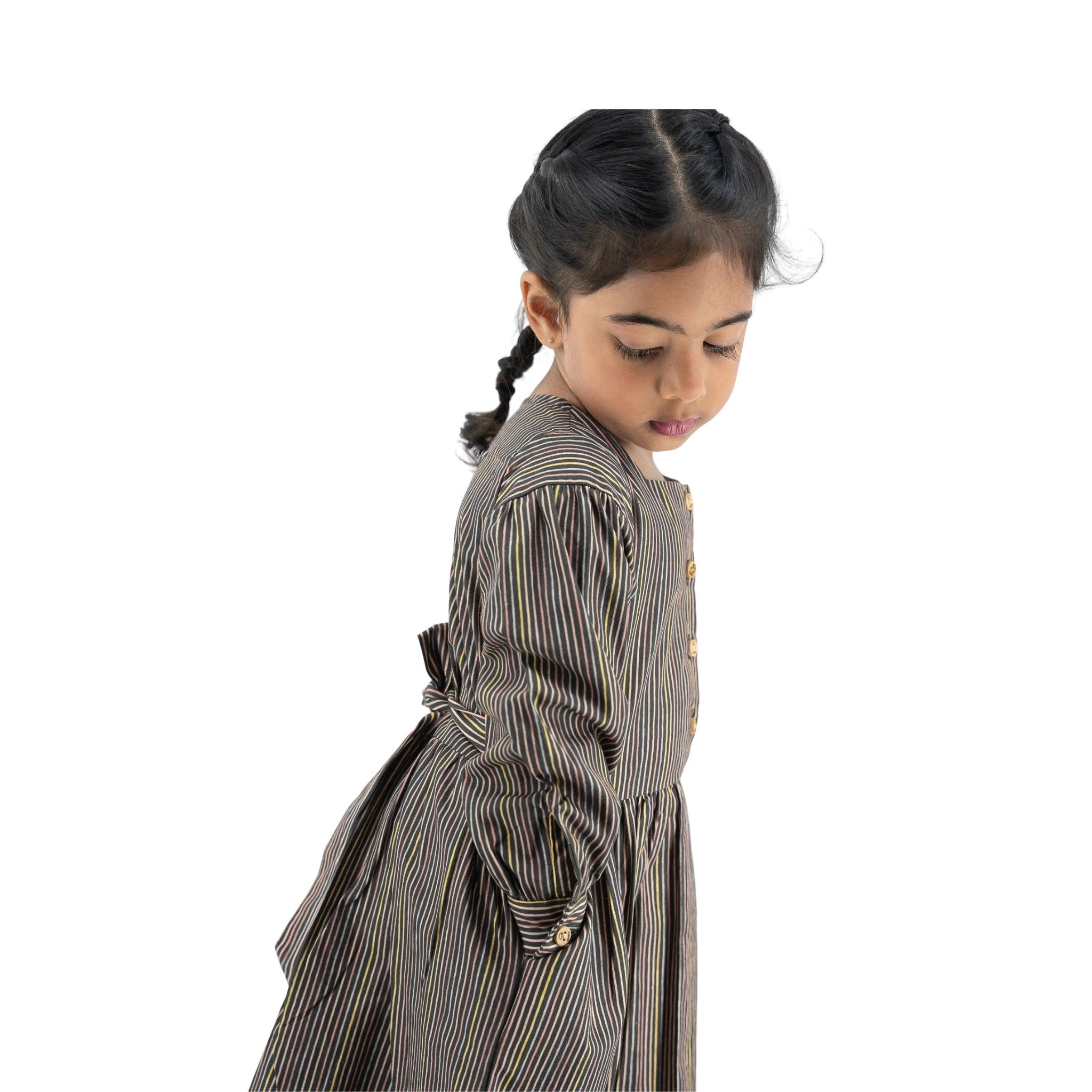 Sustainable Stripes: Eco - Friendly Black Striped Cotton Dress for Girls - DressKaree