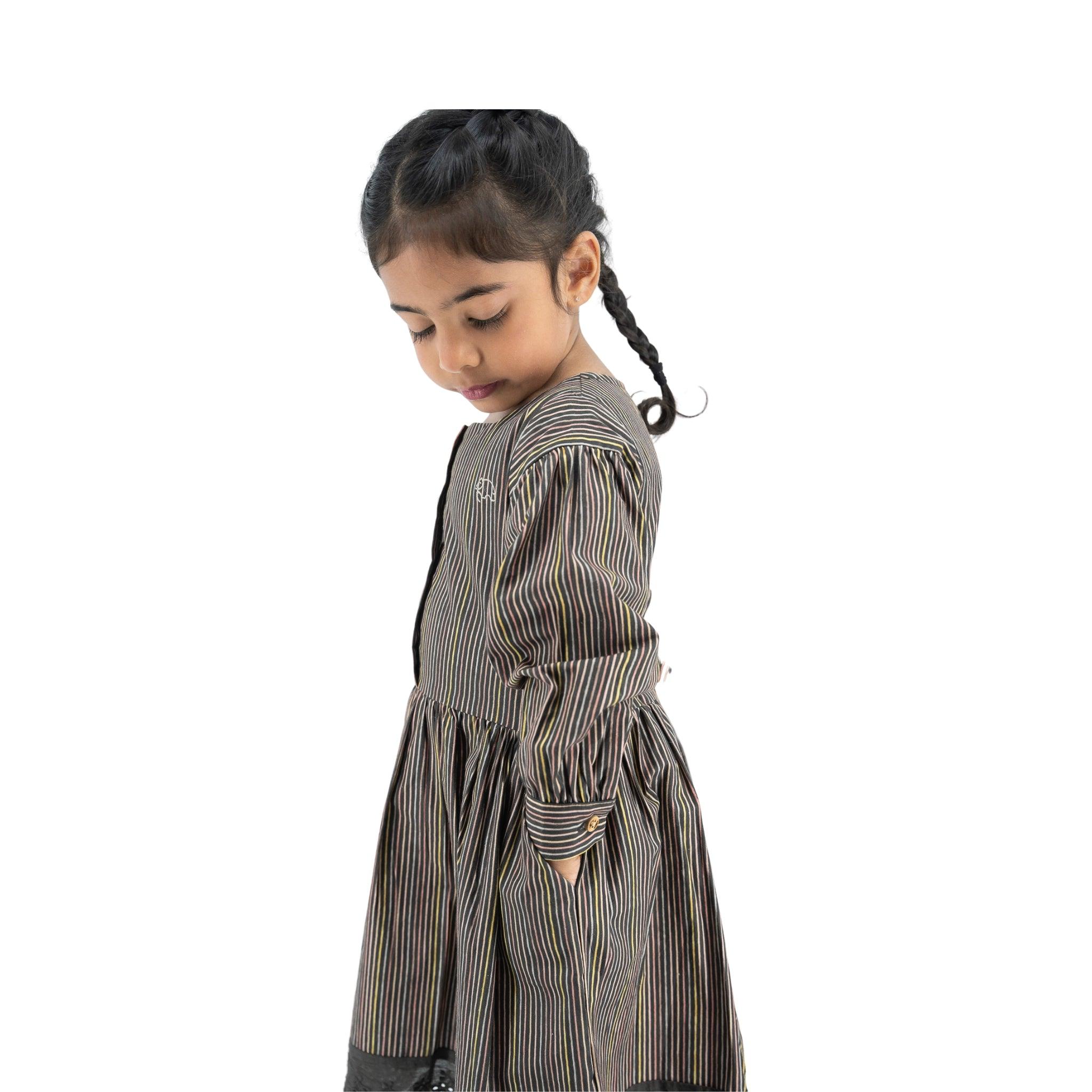 Sustainable Stripes: Eco - Friendly Black Striped Cotton Dress for Girls - DressKaree
