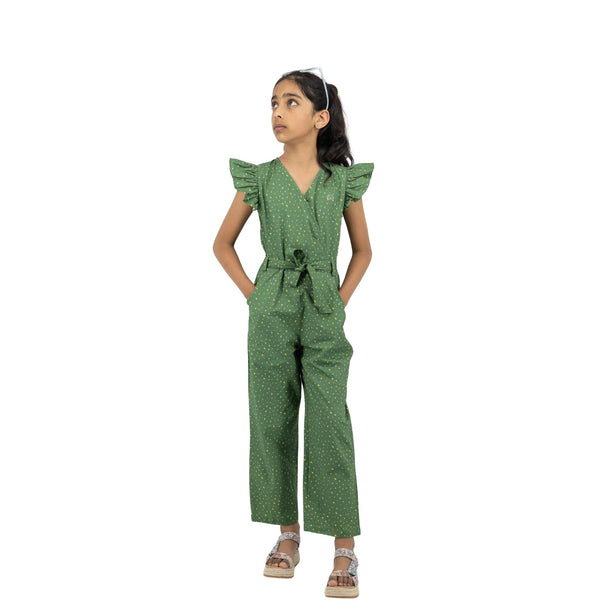 Sustainable Summer Fun: Green Confetti Cotton Jumpsuit for Girls