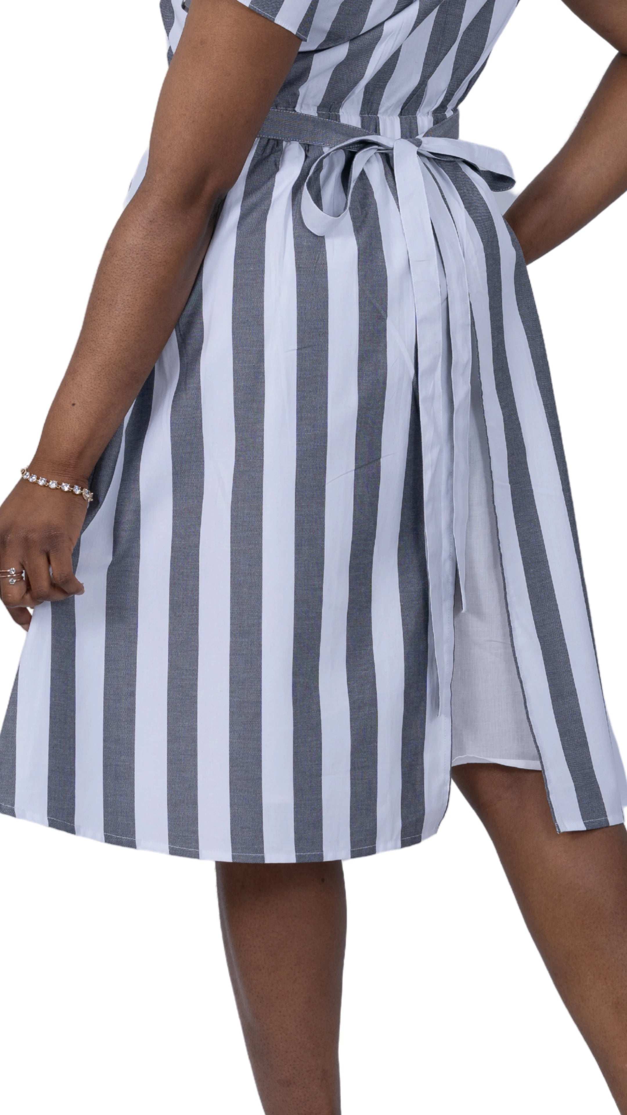 Timeless Elegance Redefined: Timeless Striped Elegance Slit Dress - DressKaree