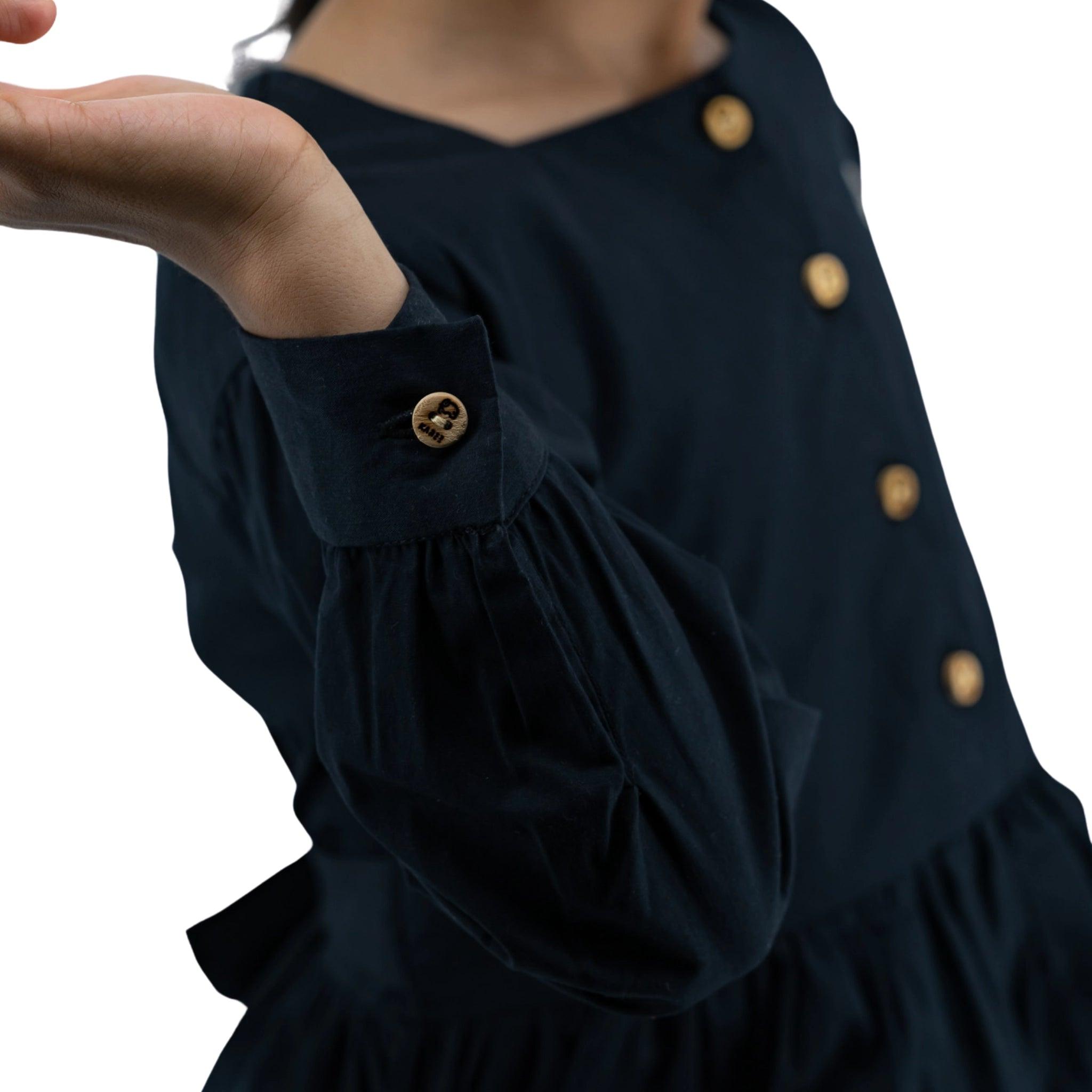 Timeless Style, Kind to the Planet: Black Cotton Dress with Puff Sleeves for Girls - Long Sleeve DressKaree