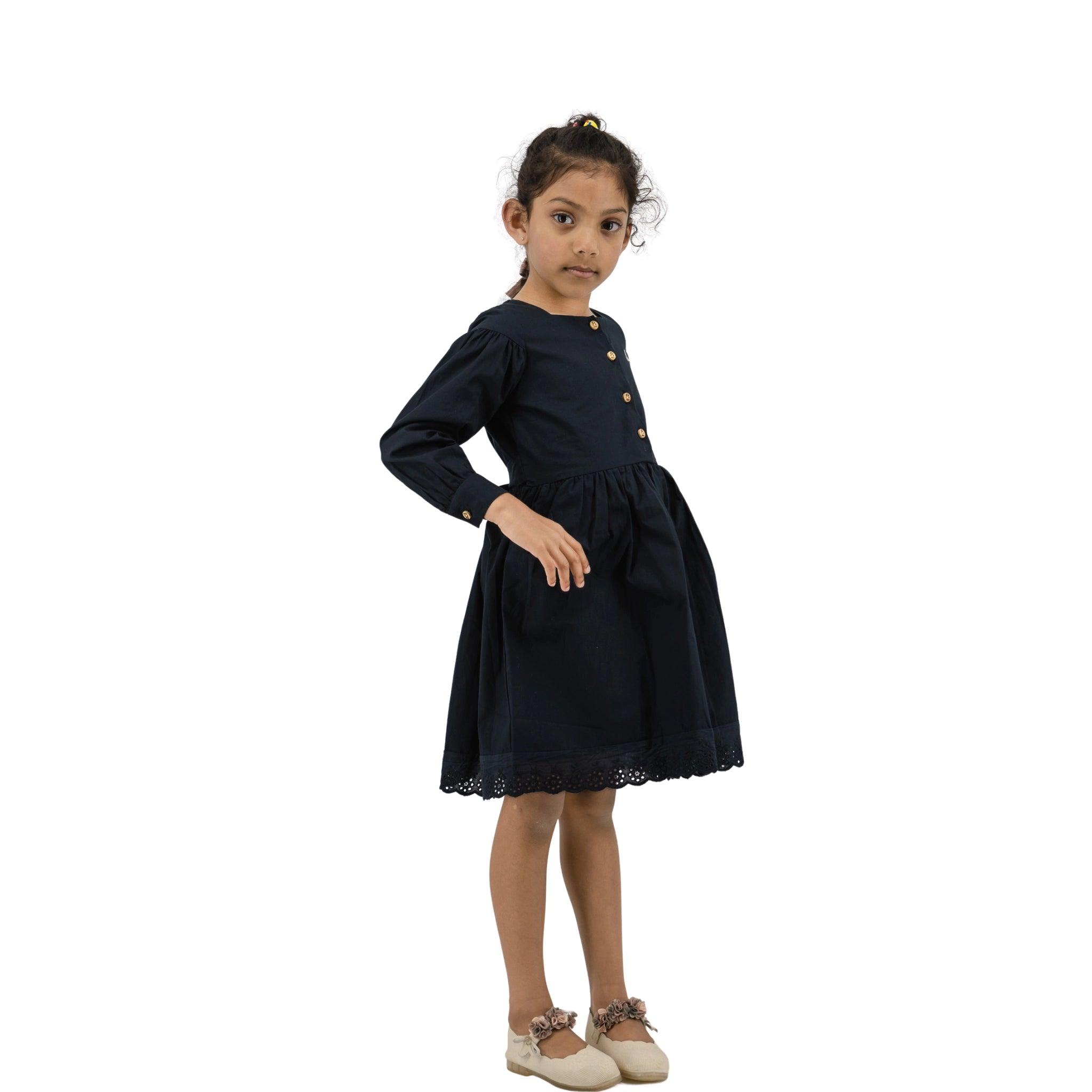 Timeless Style, Kind to the Planet: Black Cotton Dress with Puff Sleeves for Girls - Long Sleeve DressKaree