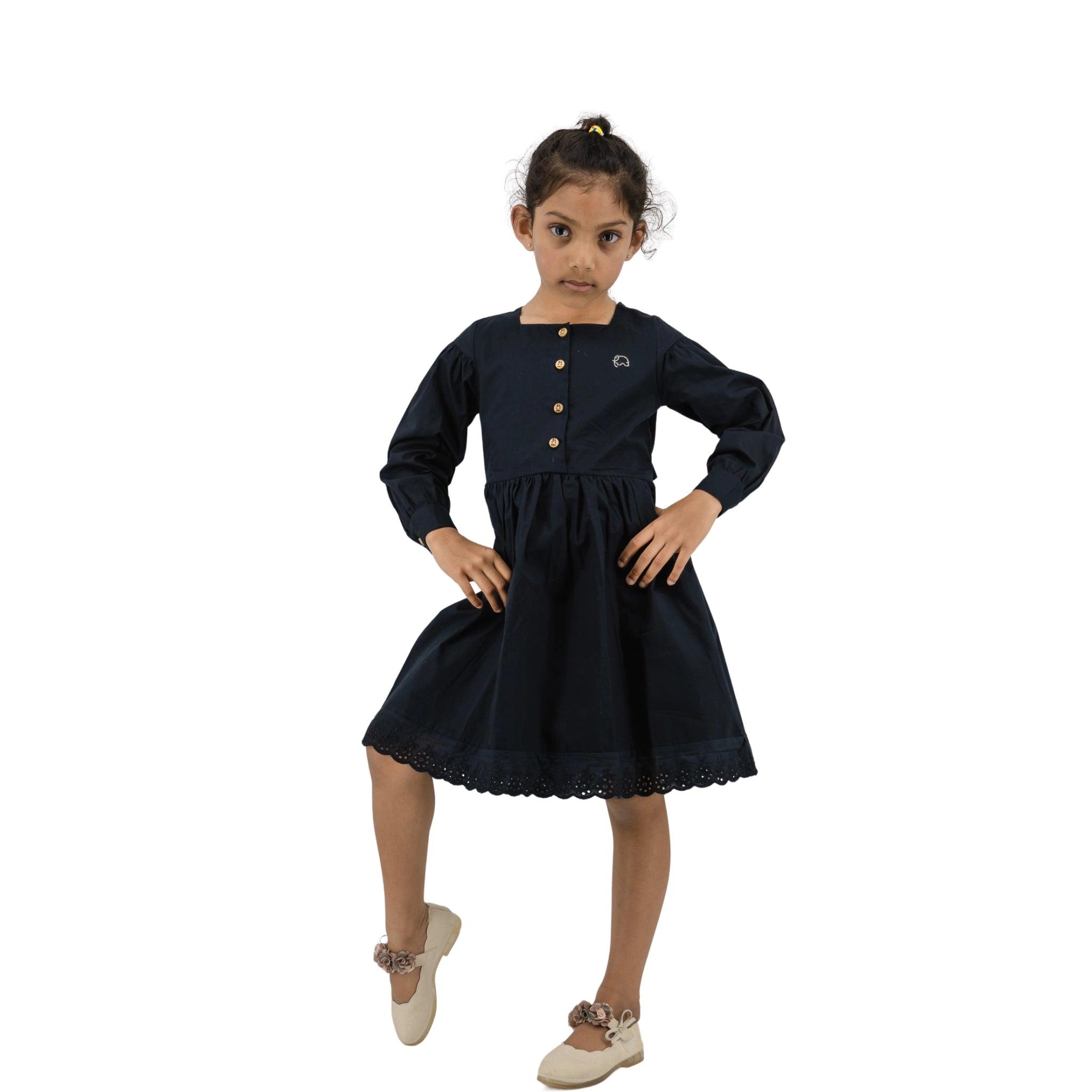 Timeless Style, Kind to the Planet: Black Cotton Dress with Puff Sleeves for Girls - Long Sleeve DressKaree