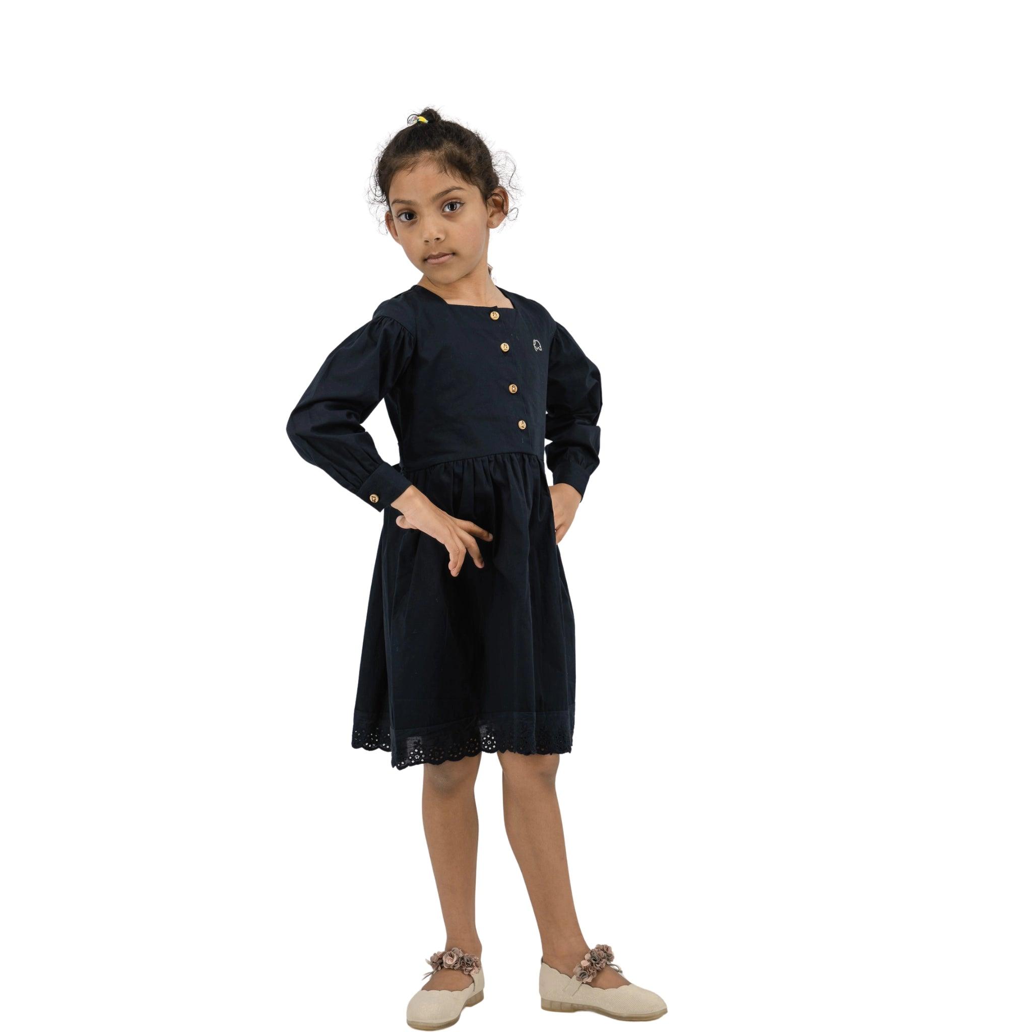 Timeless Style, Kind to the Planet: Black Cotton Dress with Puff Sleeves for Girls - Long Sleeve DressKaree