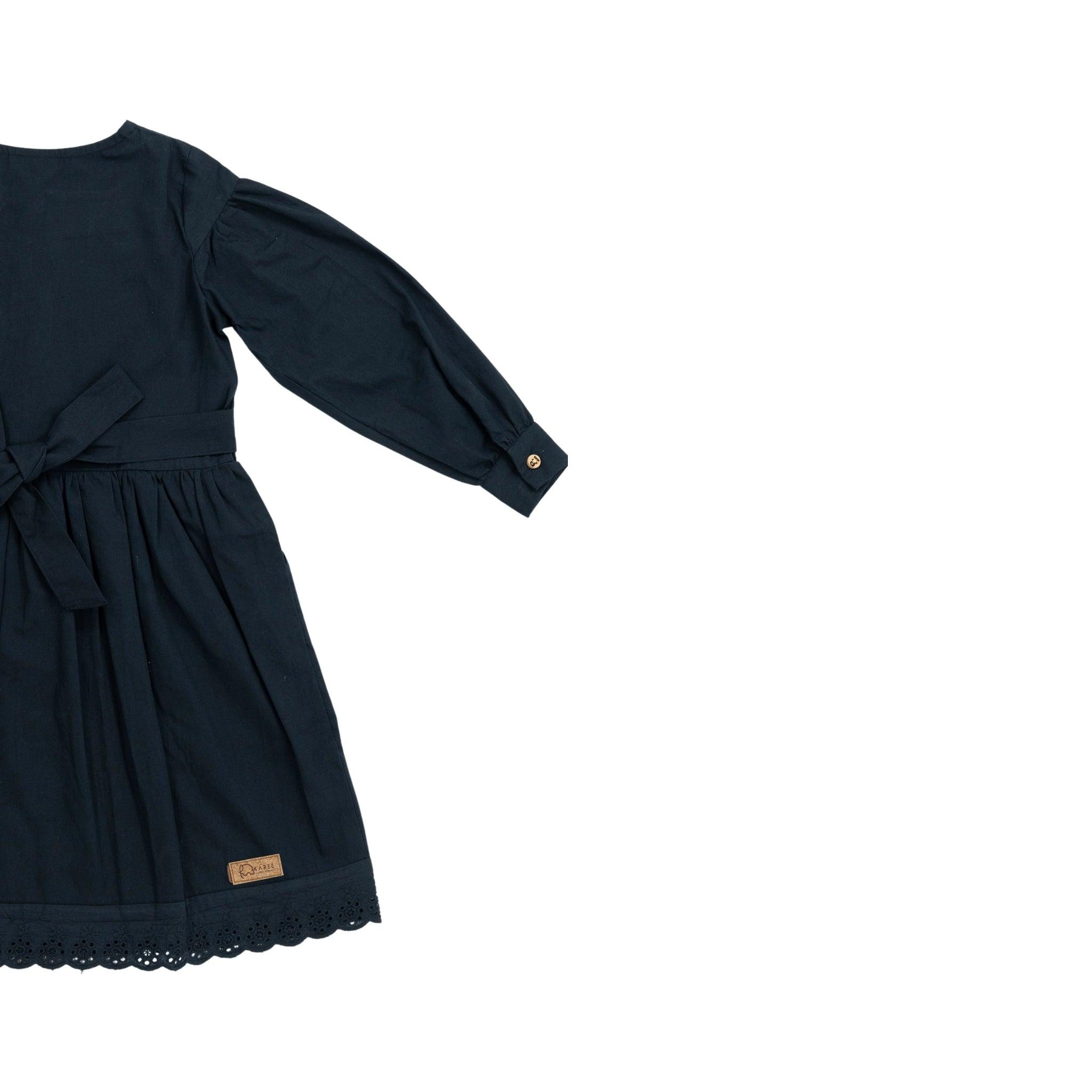Timeless Style, Kind to the Planet: Black Cotton Dress with Puff Sleeves for Girls - Long Sleeve DressKaree