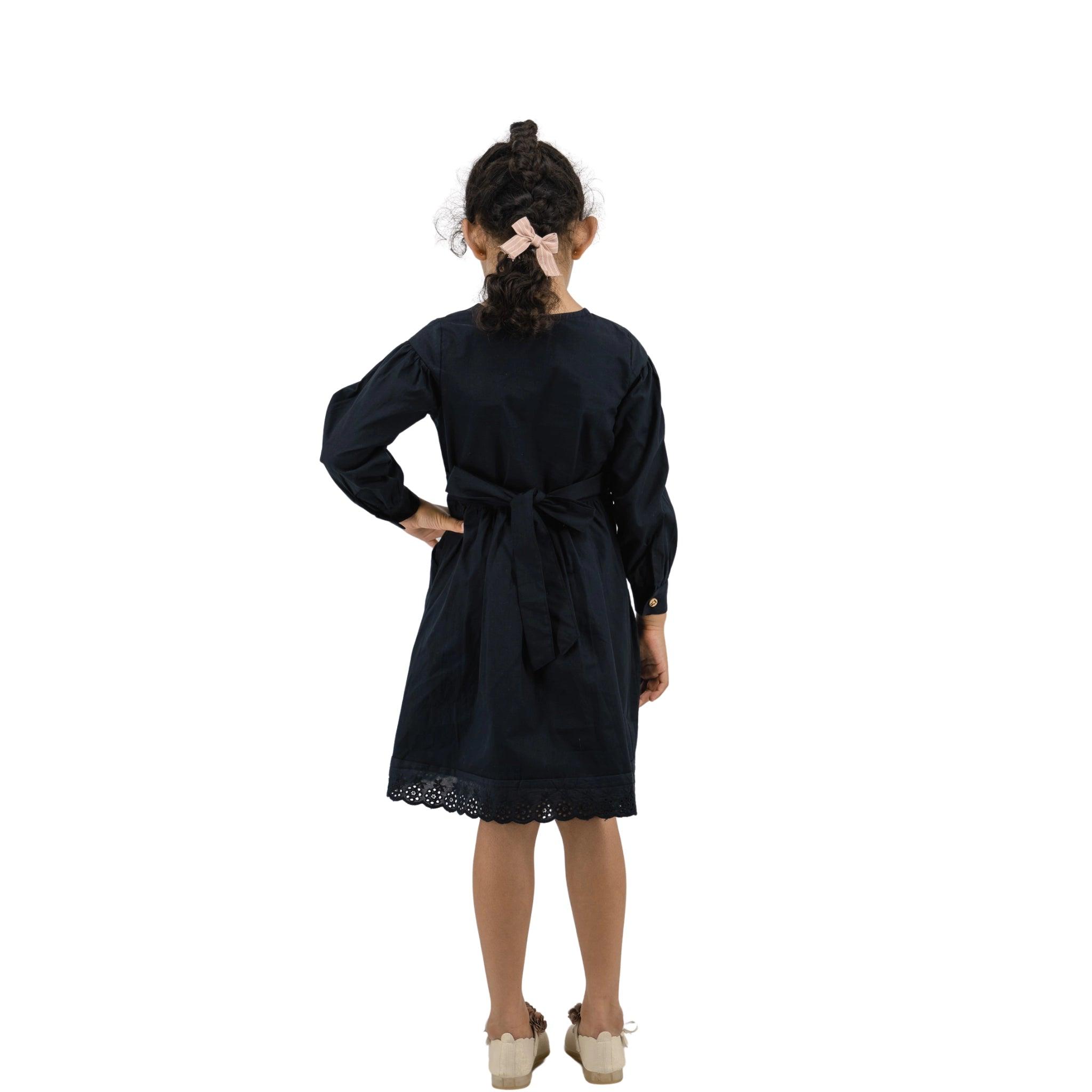 Timeless Style, Kind to the Planet: Black Cotton Dress with Puff Sleeves for Girls - Long Sleeve DressKaree