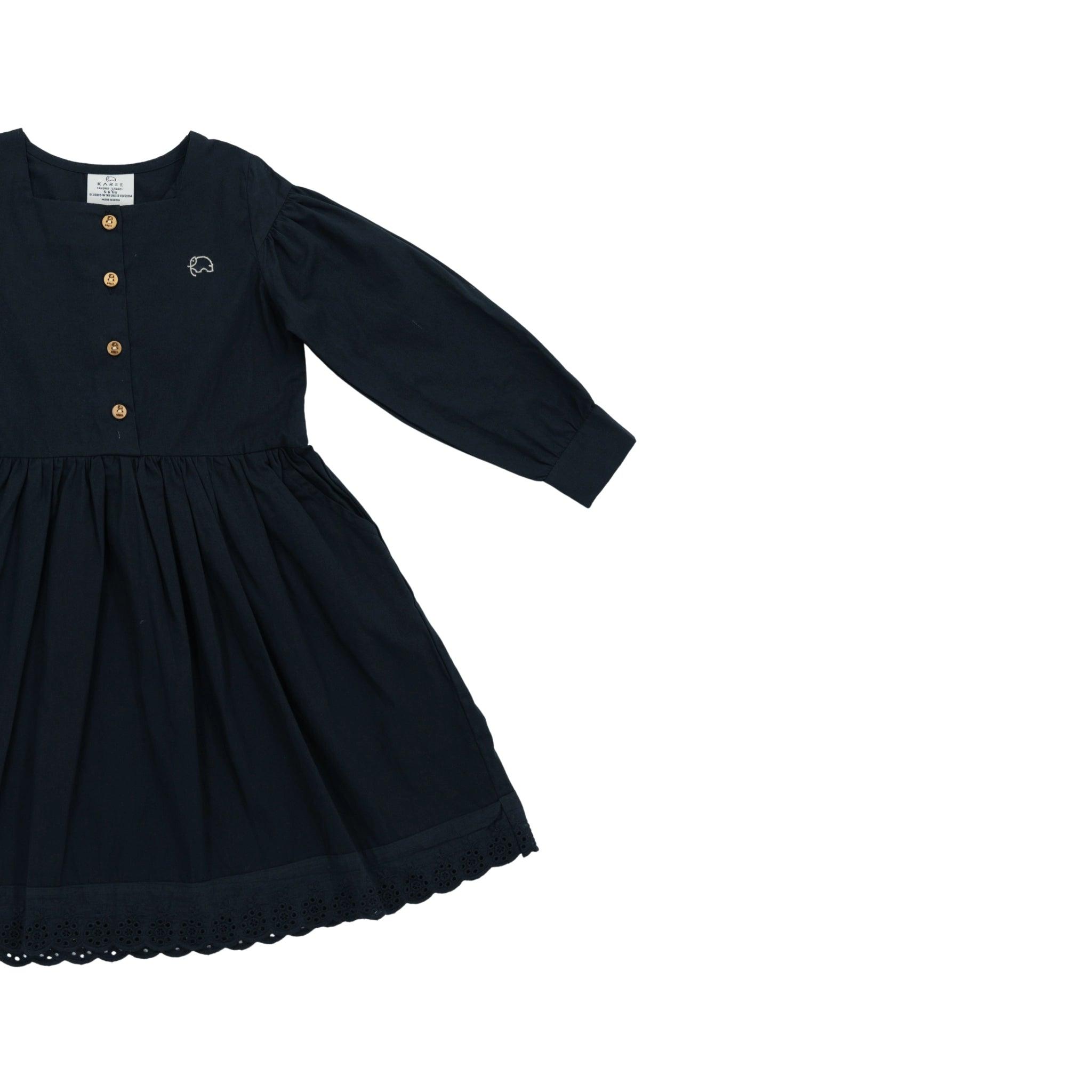 Timeless Style, Kind to the Planet: Black Cotton Dress with Puff Sleeves for Girls - Long Sleeve DressKaree