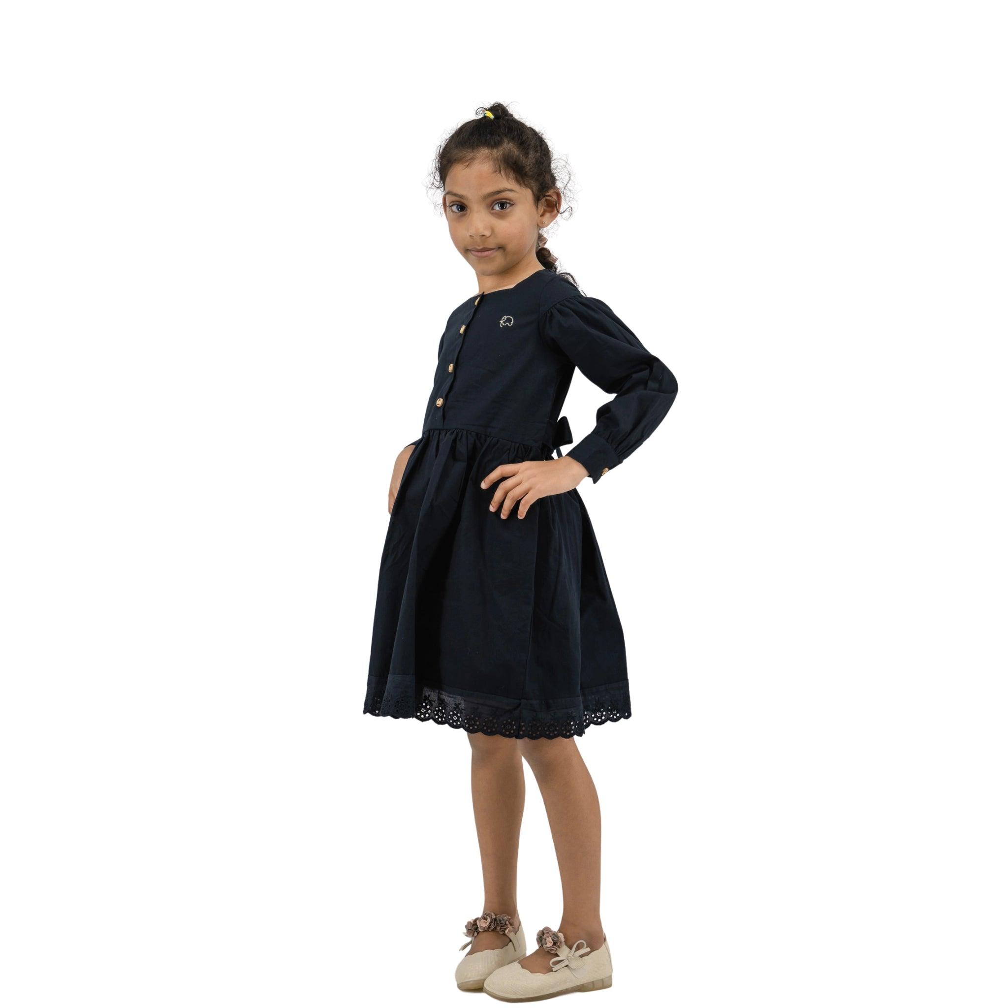 Timeless Style, Kind to the Planet: Black Cotton Dress with Puff Sleeves for Girls - Long Sleeve DressKaree