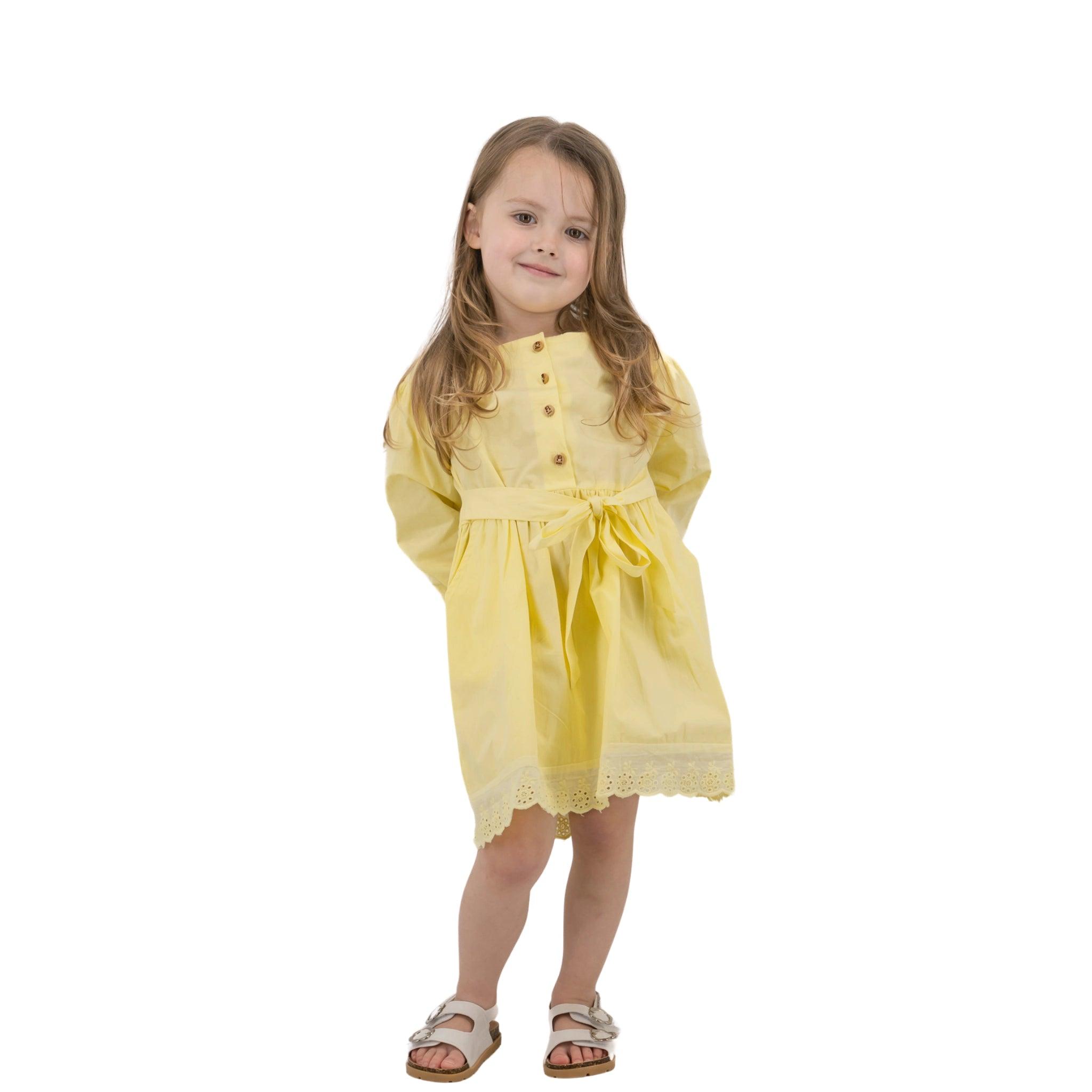 Yellow Long Puff Sleeve Cotton Dress - DressKaree