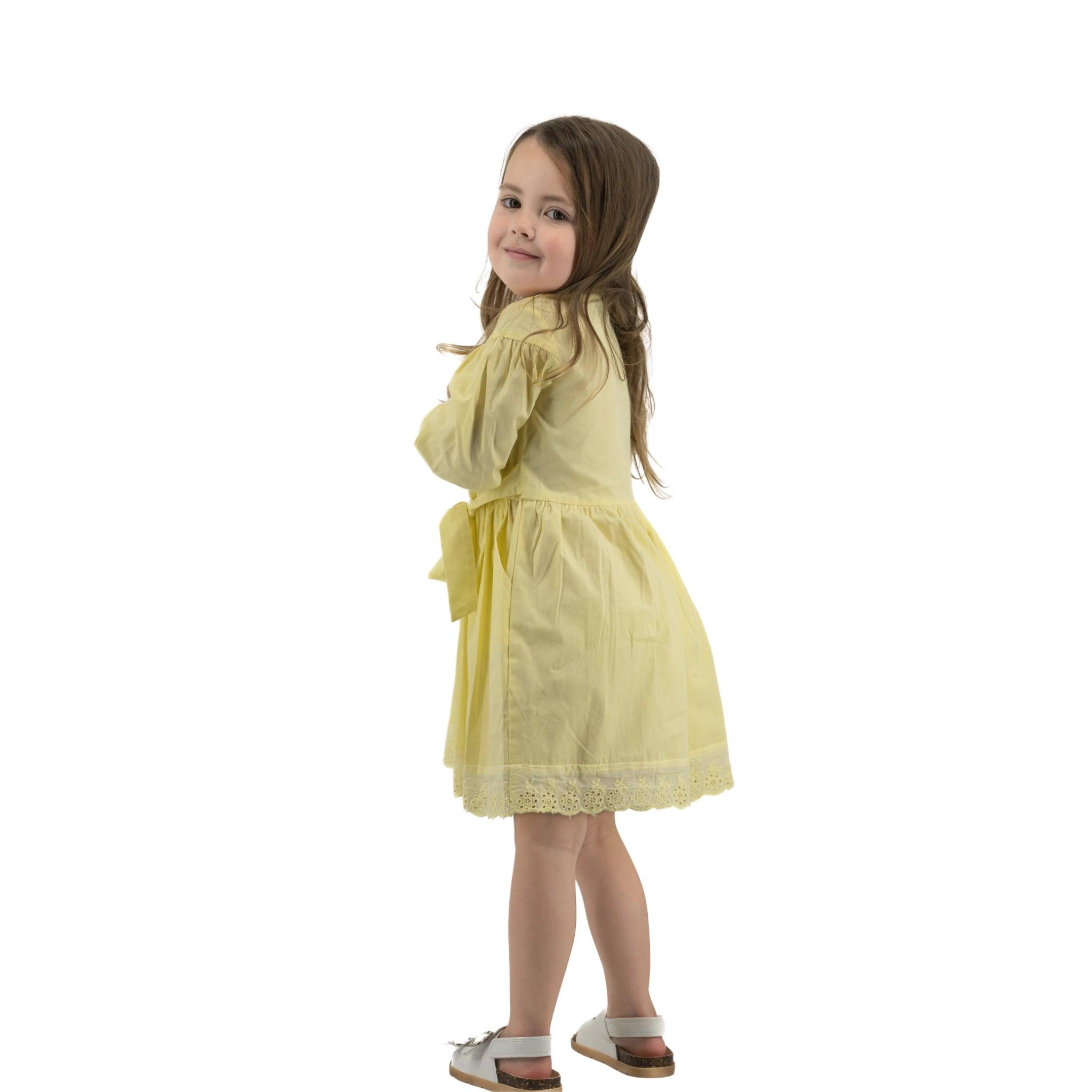 Yellow Long Puff Sleeve Cotton Dress - DressKaree
